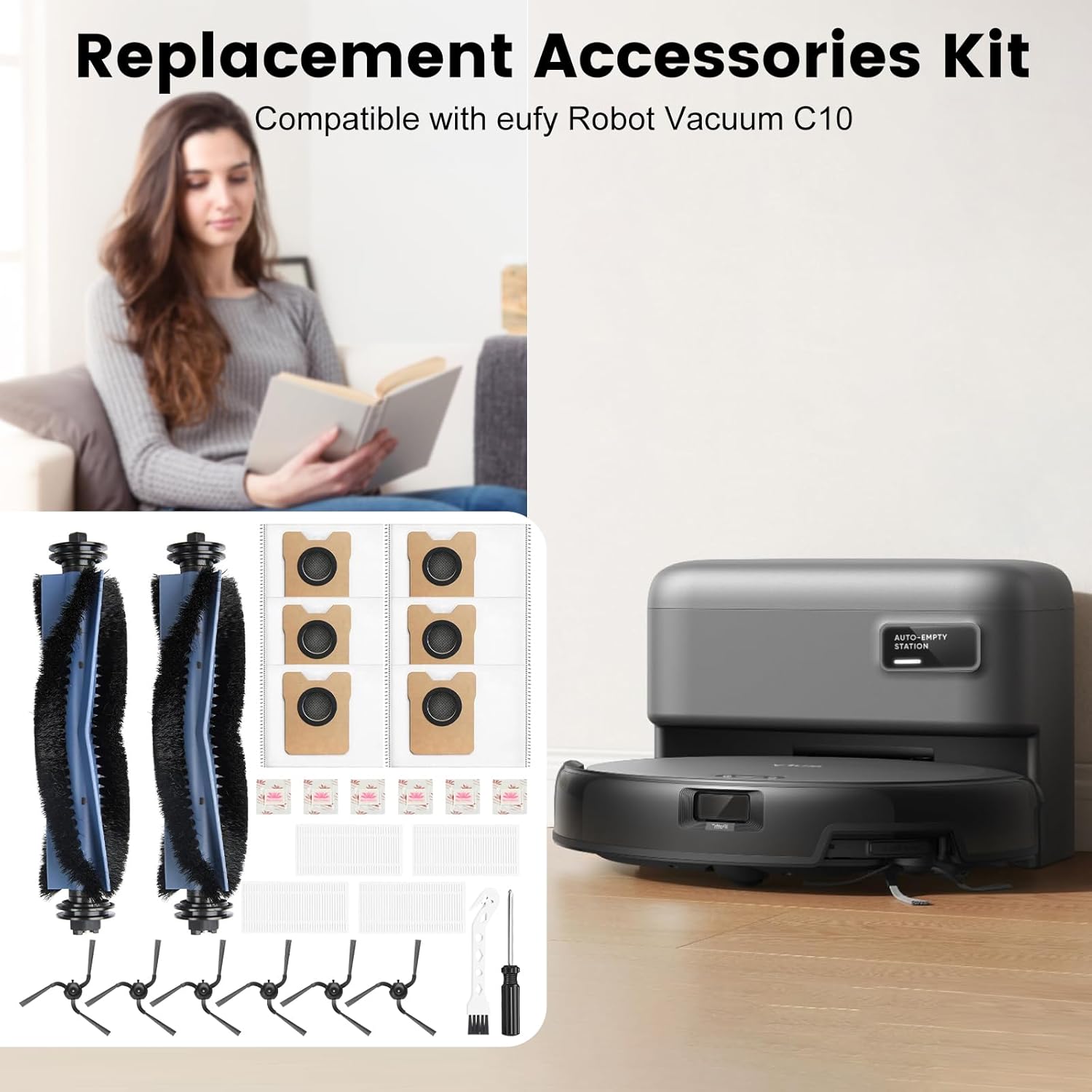 Pure Realm 26 Pack Replacement Accessories Compatible with eufy Robot Vacuum C10，2 Mainbrush 4 Filter 6 Dust Bag 6 Sidebrush 1Cleaning Brush 1Screwdriver,6Scented Stick