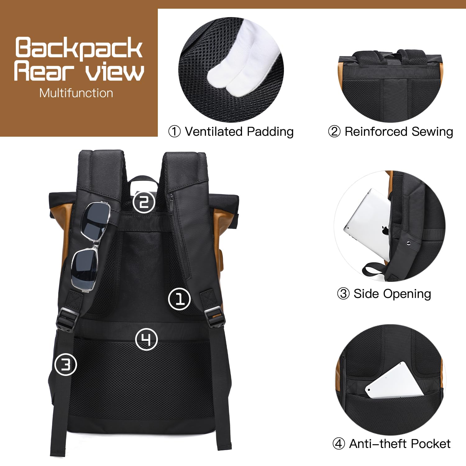 EverVanz Sacs à Dos Homme/Femme pour Ordinateur Portable 17 pouces - Imperméable- port de charge USB - Zip d’Accès Rapide - Roll Top - Résistant à l'eau - Loisirs/Affaire/Scolaire/Voyage/Randonnée