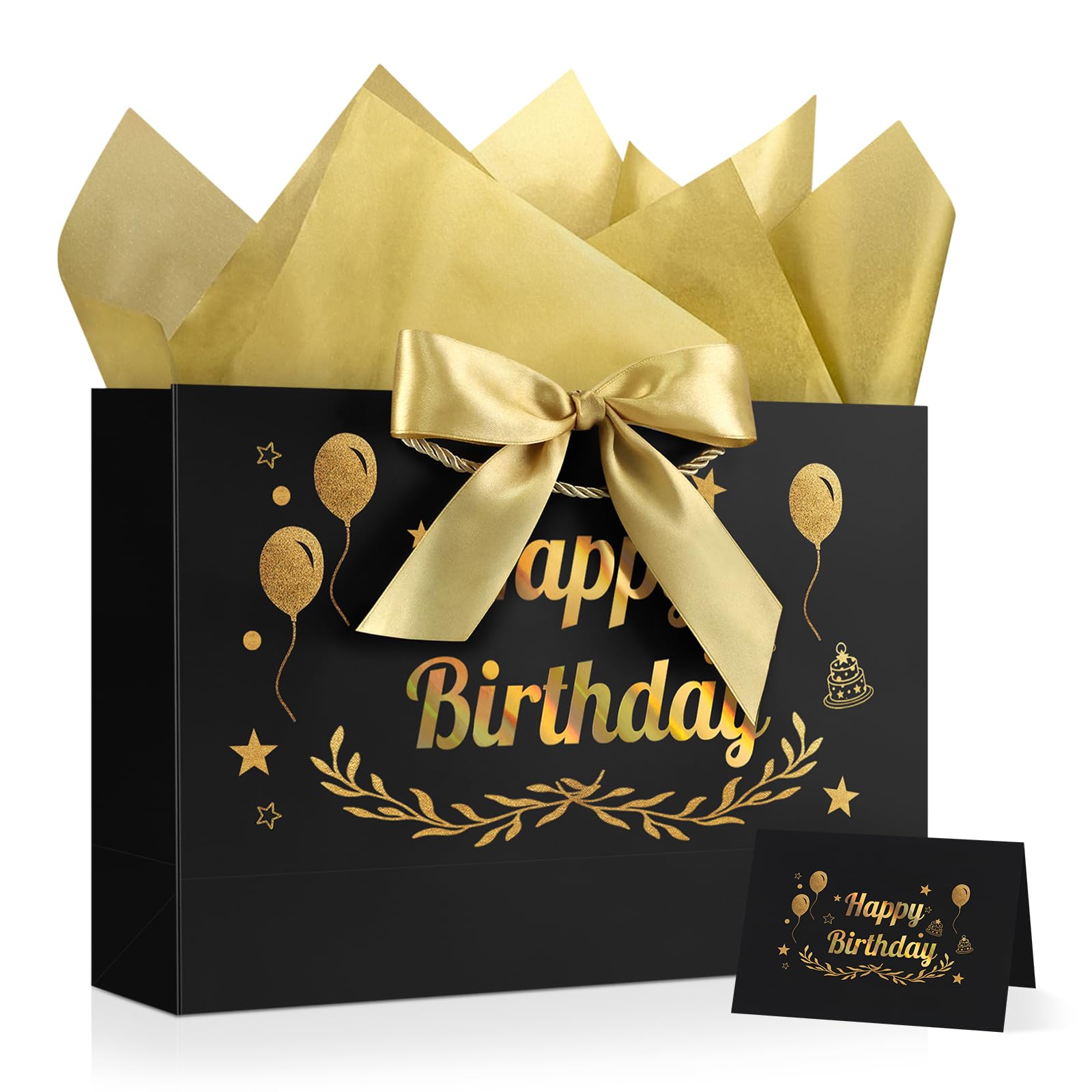JMANNI Birthday Gift Bag – 36x25x11 cm, Includes 1 Greeting Card & 2 Tissue Papers, Portable Paper Bag with Handles, Large Present Bag for Birthday Party, Black and Gold Foil