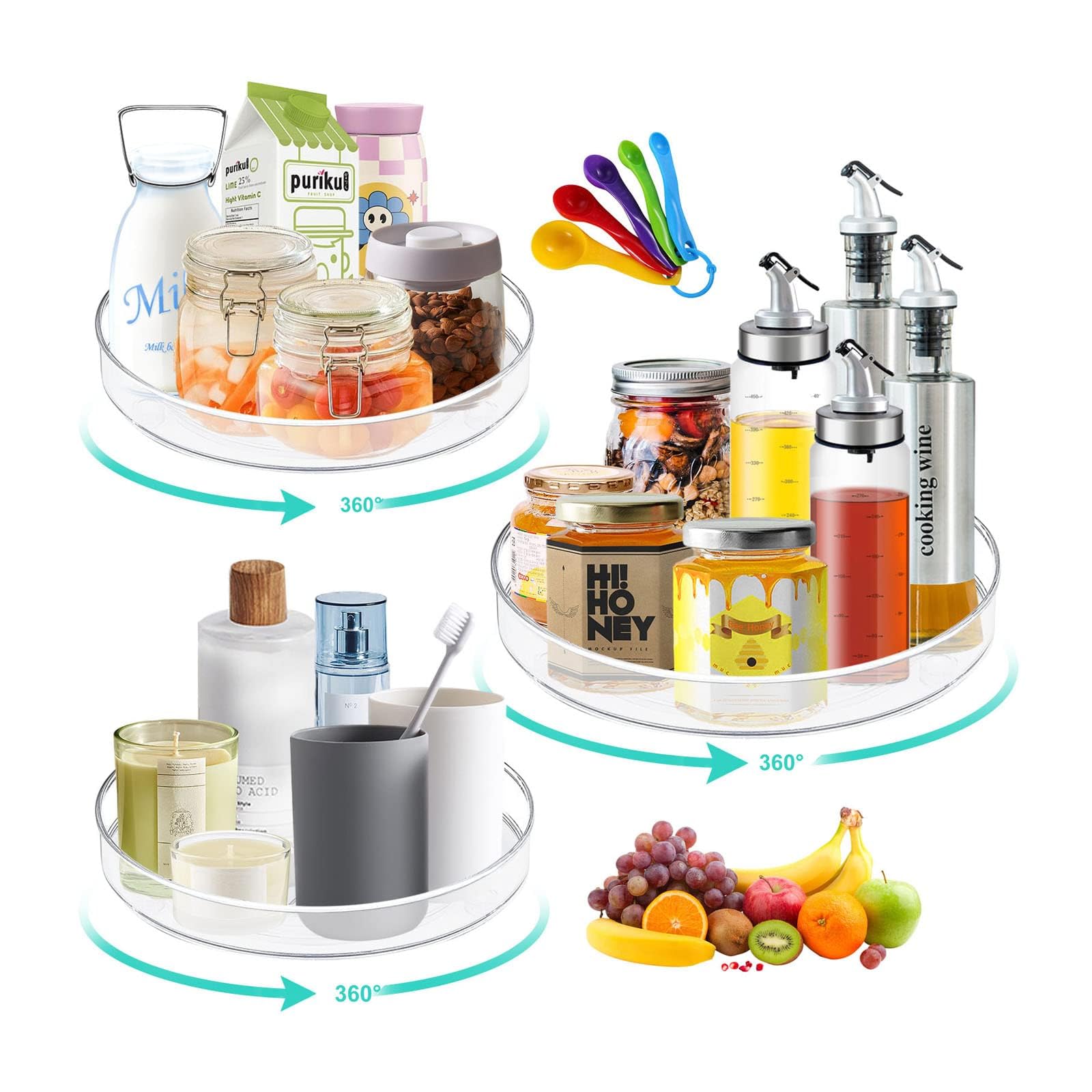 Organizer Girevole,3 Pezzi Piatto Girevole,360° Portaspezie Girevole,Include 5 misurini,Vassoio Girevole Portaoggetti da Cucina per Credenza e Frigorifero,Cucina, Bagno,Portaspezie e Altro