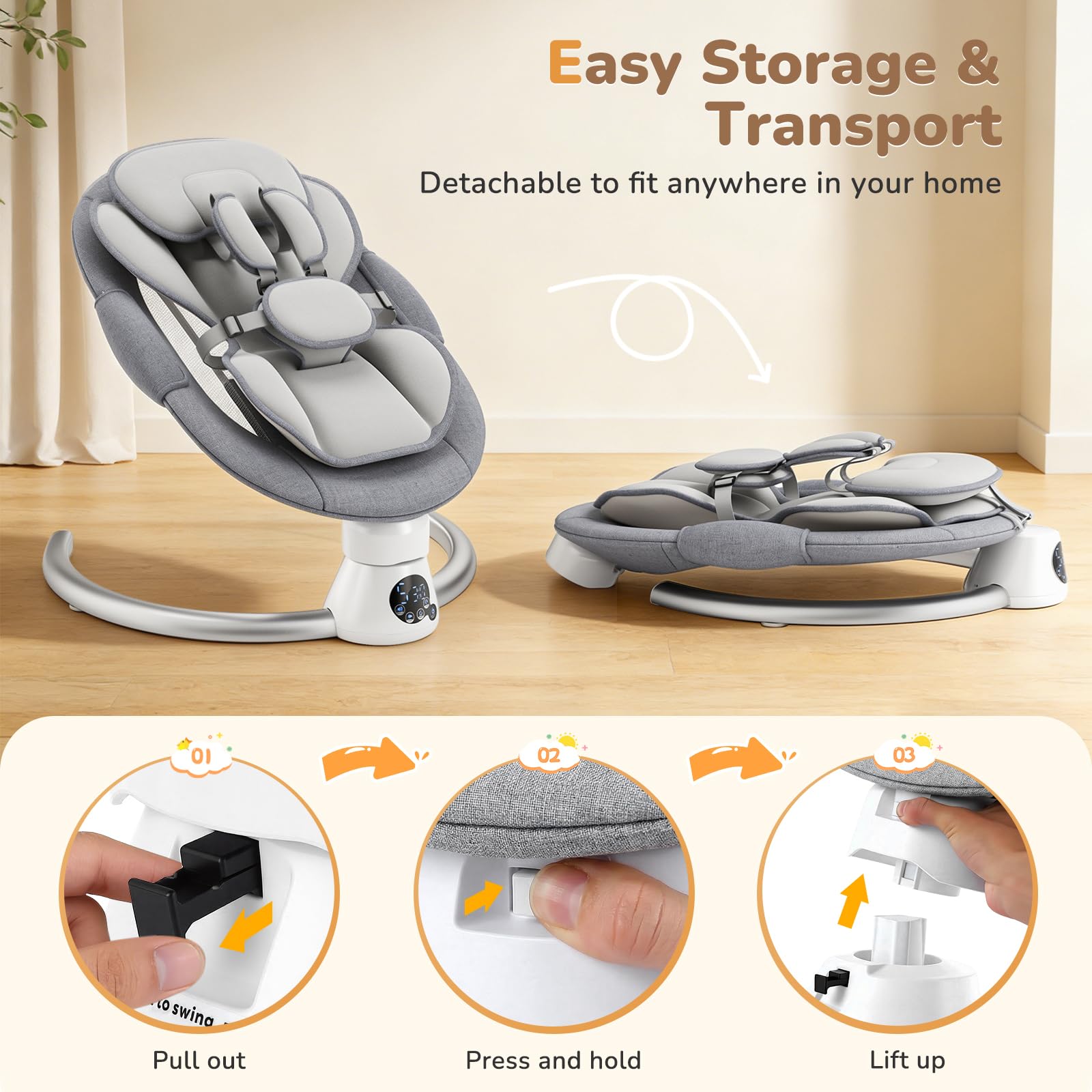 Sdraietta Elettrica per Bebè con App e Telecomando, Hamaca Elettrica fino a 9 kg con 5 Velocità di Oscillazione, 3 Timer, 11 Canzoni, Cinture di Sicurezza a 5 Punti, 2 Posizioni Seduta - Grigio