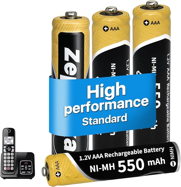 4 Pack 550mAh AAA Ni-MH Rechargeable Batteries for Cordless Phones-1.2V Standard High Capacity Battery, 2000+ Cycles, Pre-Charged & Low Self-Discharge for Cordless Phones,Remote Controls and Toys