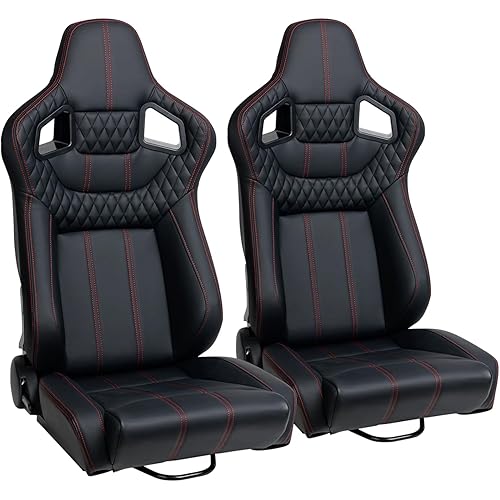 2 Pack Racing Seats, Pair of Bucket Seats with Dual Lock Sliders for Front-Back Adjustment, PVC Leather Universal Racing Seats for Cars, Black