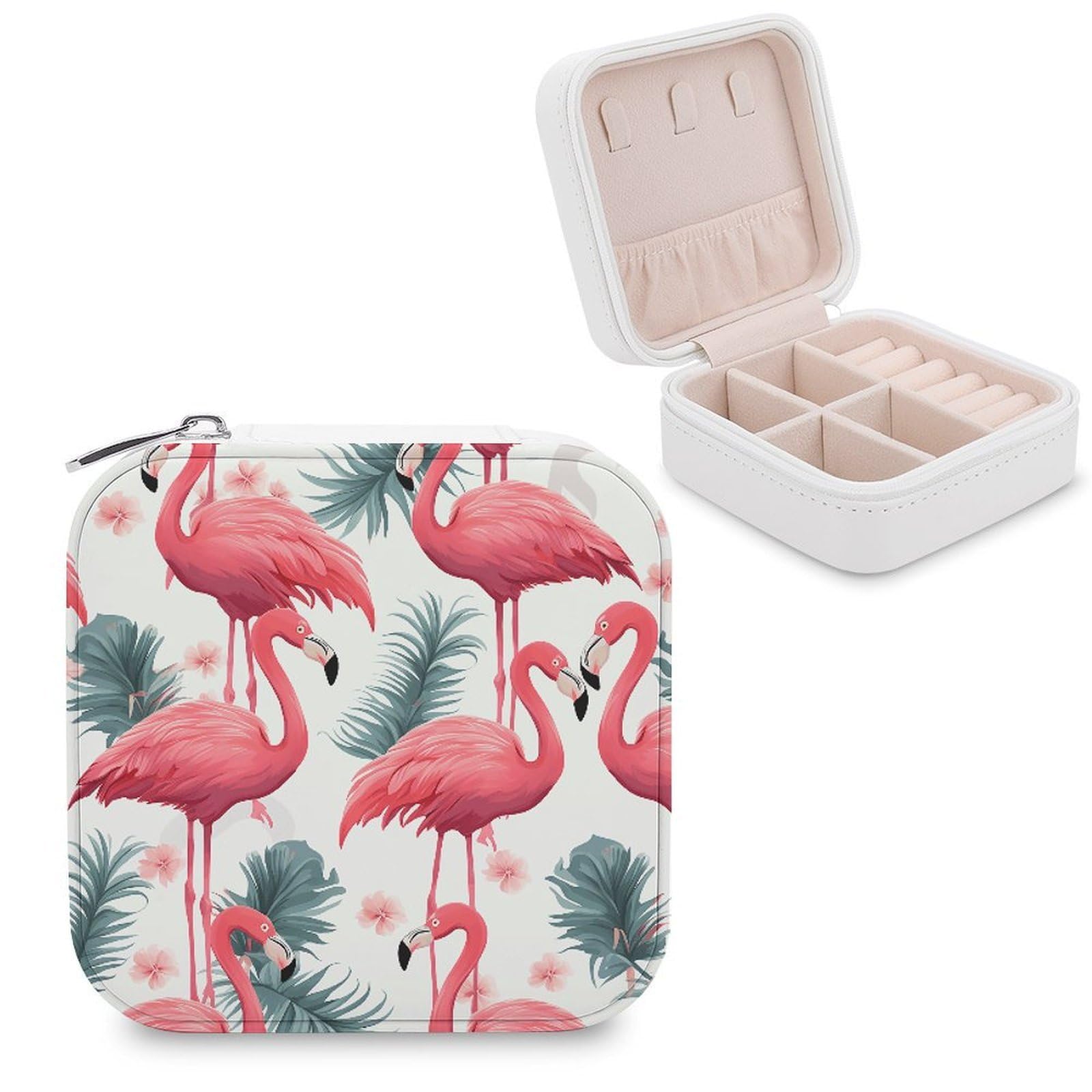 VstaDank Pink Flamingo Pattern Travel Jewelry Case Zipper Portable Small Jewelry Box Custom Pu Leather Mini Traveling Jewelry Organizer for Rings Earrings Necklace Bracelet Girls Women