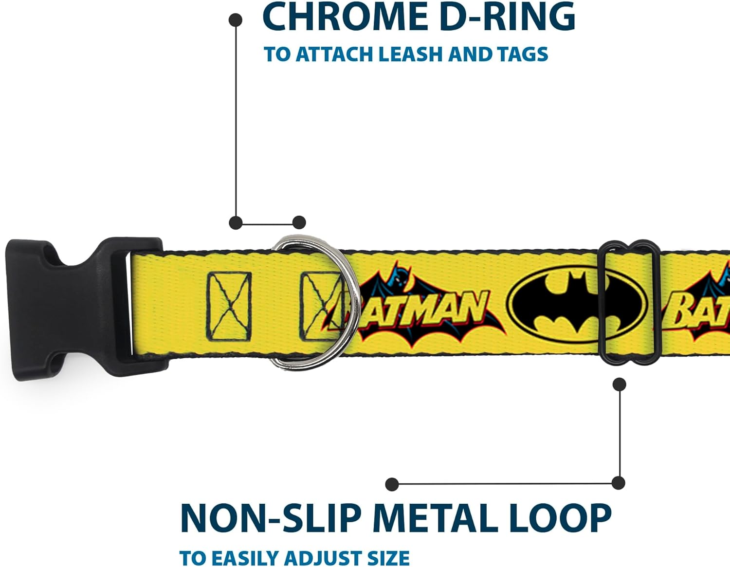Buckle-Down Plastic Clip Collar - Vintage Batman Logo & Bat Signal-3 Yellow - 1.5" Wide - Fits 18-32" Neck - Large