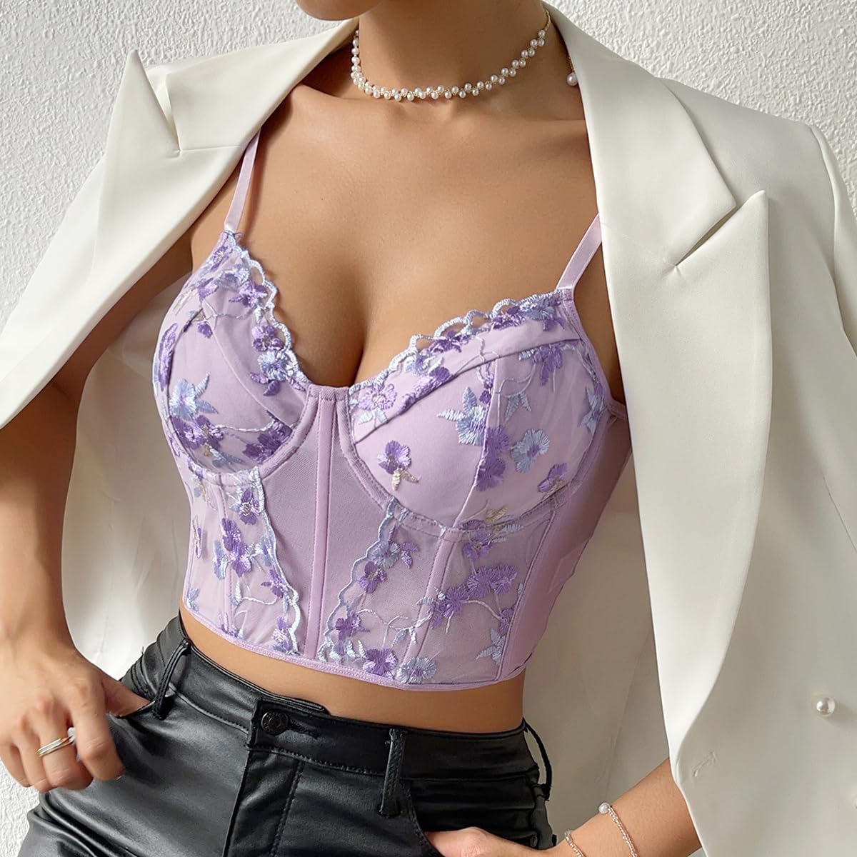 Testudineus Women's Floral Embroidered Crop Top Spaghetti Strap Sleeveless Sexy Sheer Mesh Corset Top Rave Party Top Tee - Image 7