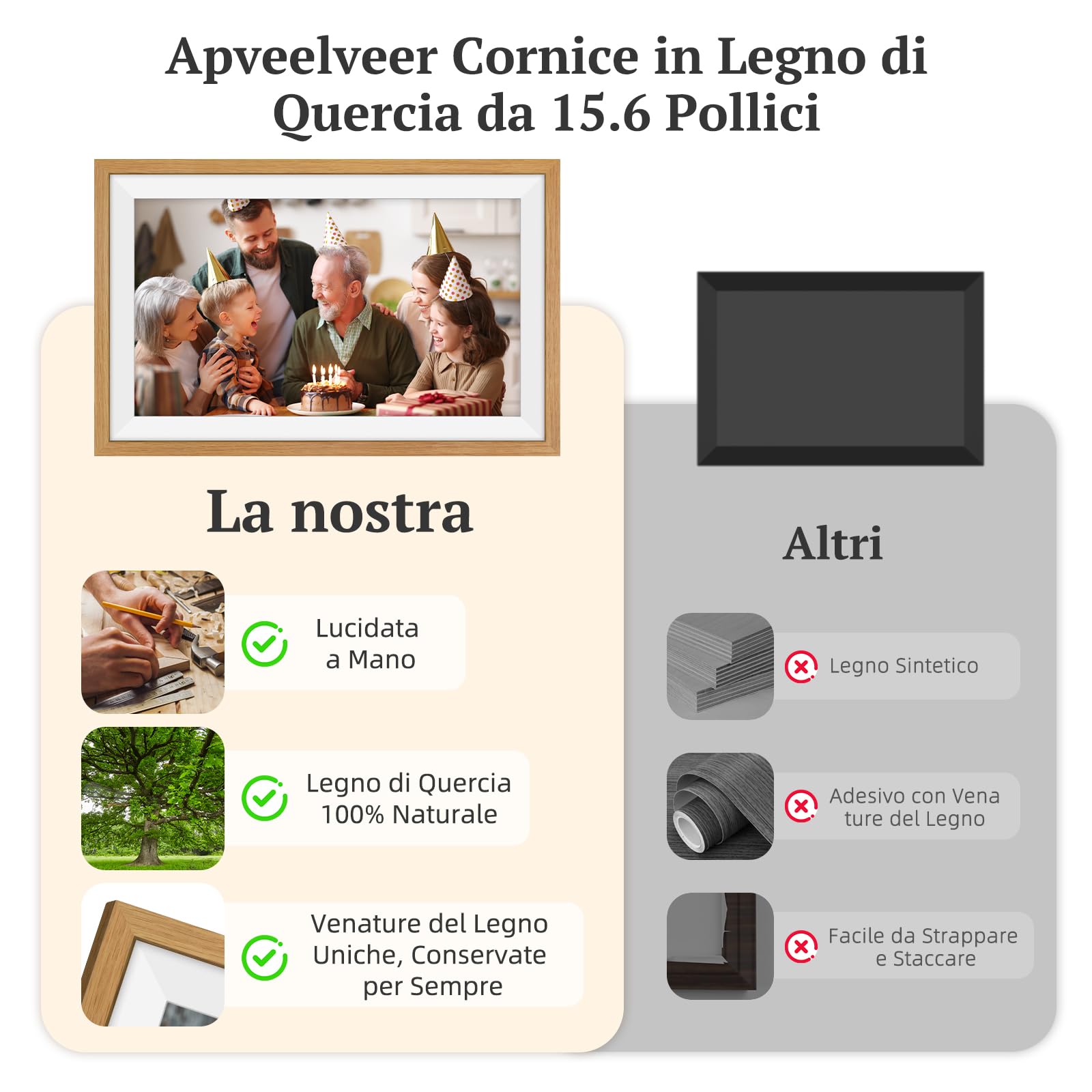 Frameo Cornice Digitale Foto Legno di Rovere 15.6 Pollici WiFi, Memoria da 32 GB, Touchscreen IPS FHD, Condividi Foto Video Tramite l'app Frameo, Regalo da Donna Uomo