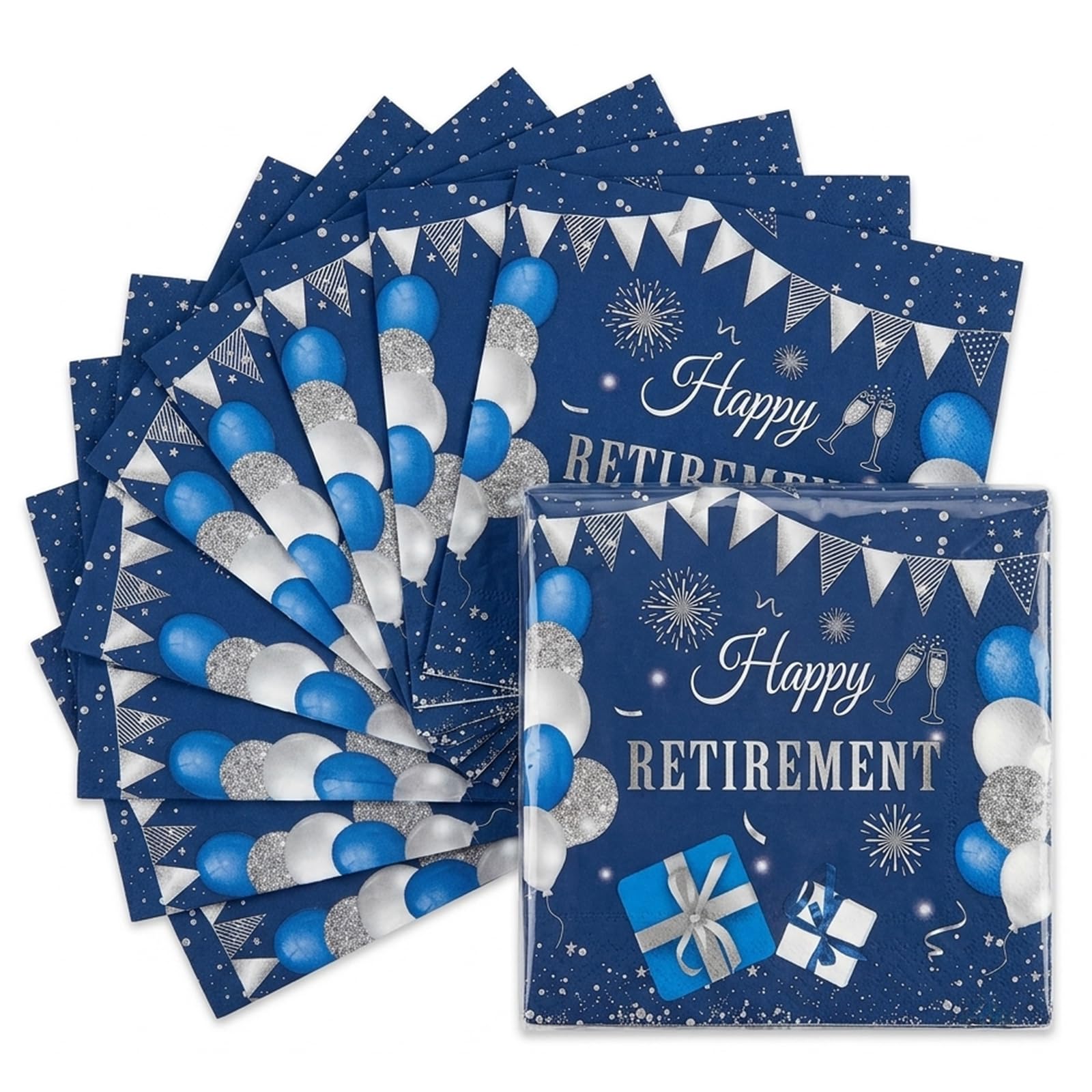 40 Blue & Silver Square Napkins for Retirement Party Decoration