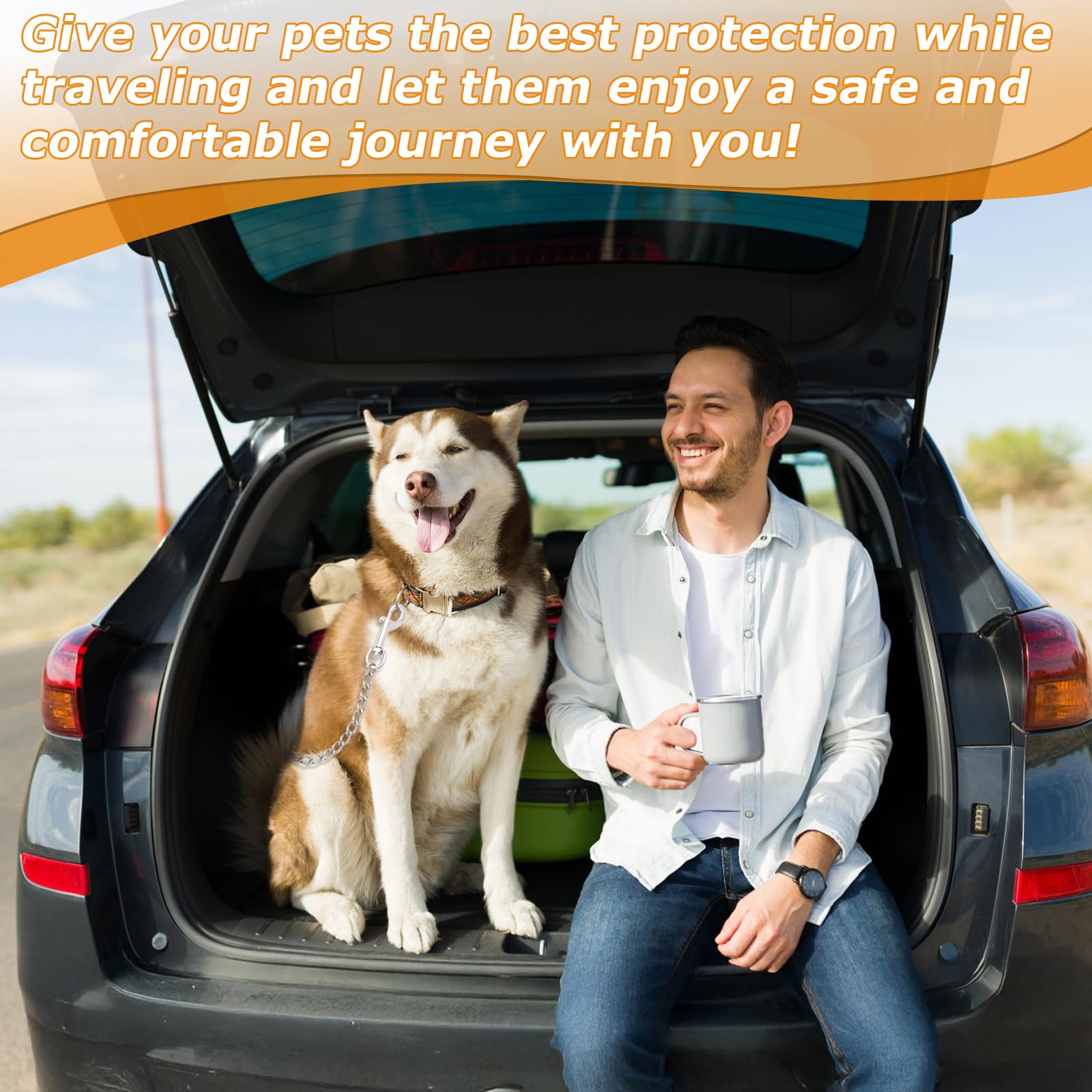EFUTURETIME Ceinture Securite Chien Voiture Chaine Longue 125cm, Attache Chien Ceinture Anti-Morsure en Acier Inoxydable 3 en 1 pour Coffre, Boucle de Ceinture de Sécurité et ISOFIX