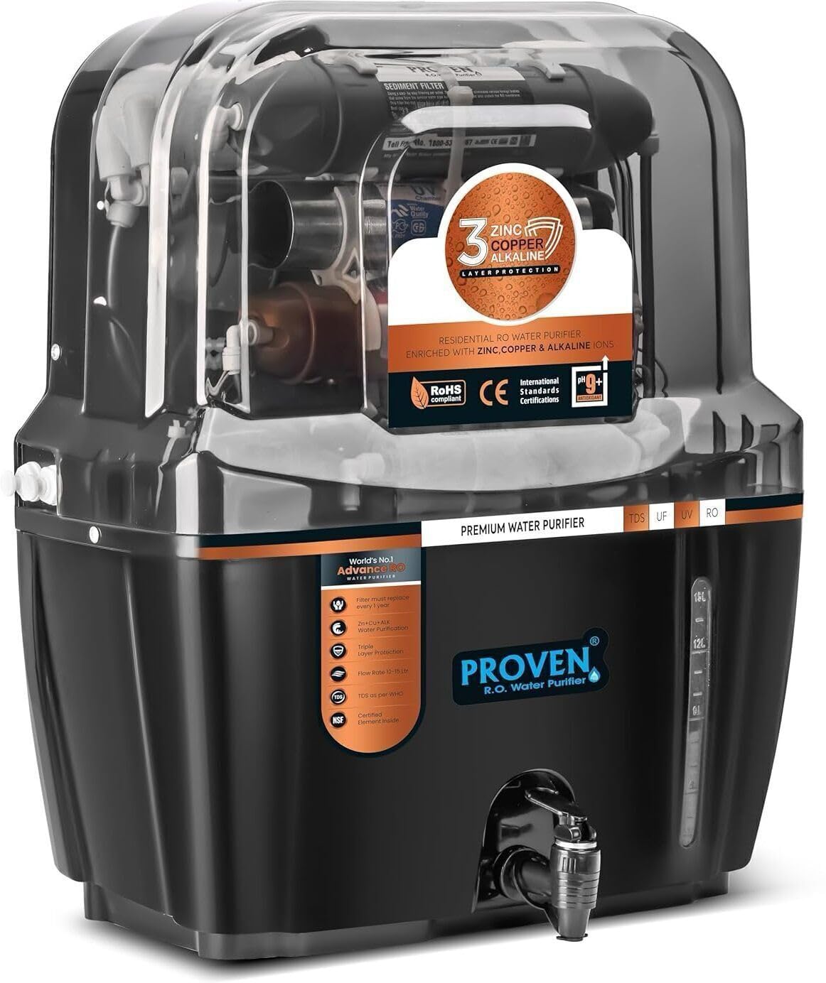 Proven Swift Aqua RO + UV + UF Water Purifier | Copper Zinc Alkaline Technology | TDS Controller | 15L Storage | ISI Certified | 12-Stage Purification | For All Water Types | Made in India Proven Swift Aqua RO + UV + UF Water Purifier | Copper Zinc Alkaline Technology | TDS Controller | 15L Storage | ISI Certified | 12-Stage Purification | For All Water Types | Made in India