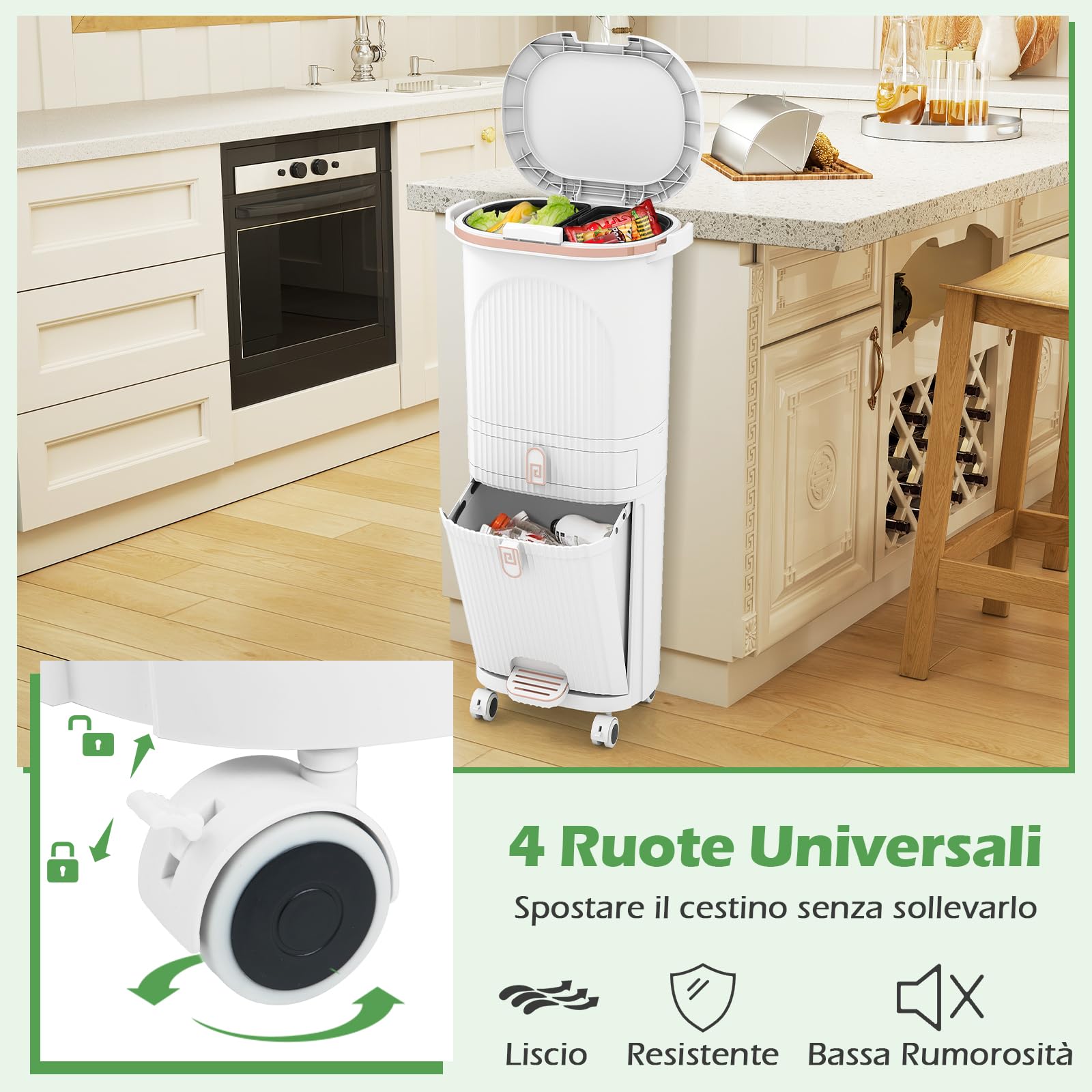 COSTWAY 42 L（12+12+14+4 L） Pattumiera Differenziata, Secchio Spazzatura a 3 Scomparti con Cassetto e Coperchi, 2 Secchi Rimovibili Pedale e Ruote, Bidoni Differenziata per Bagno Cucina Ufficio