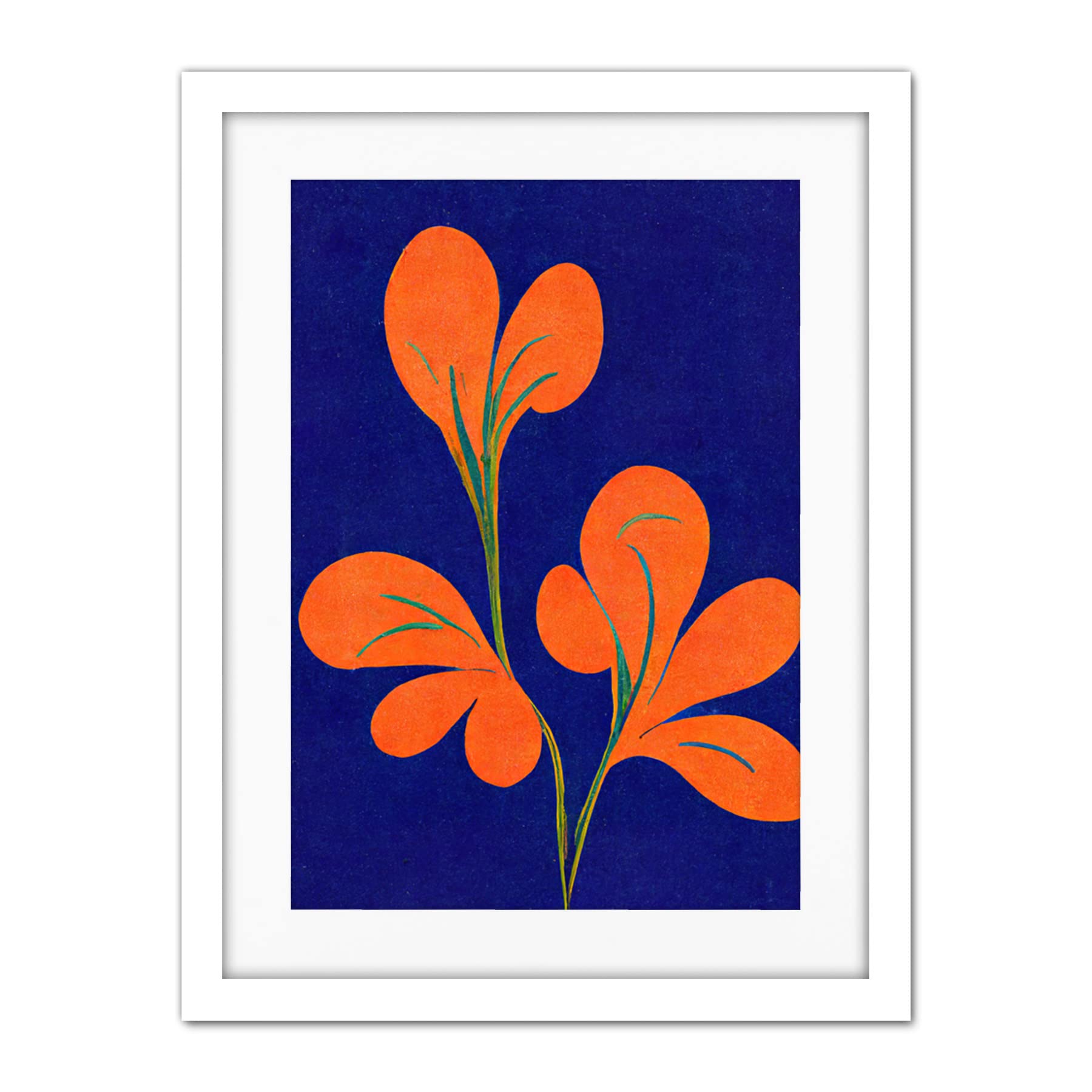 Doppelganger33 LTD Henri Matisse Inspired Bright Abstract Orange Flower Blooms On Royal Blue Artwork Framed Wall Art Print 18X24 Inch