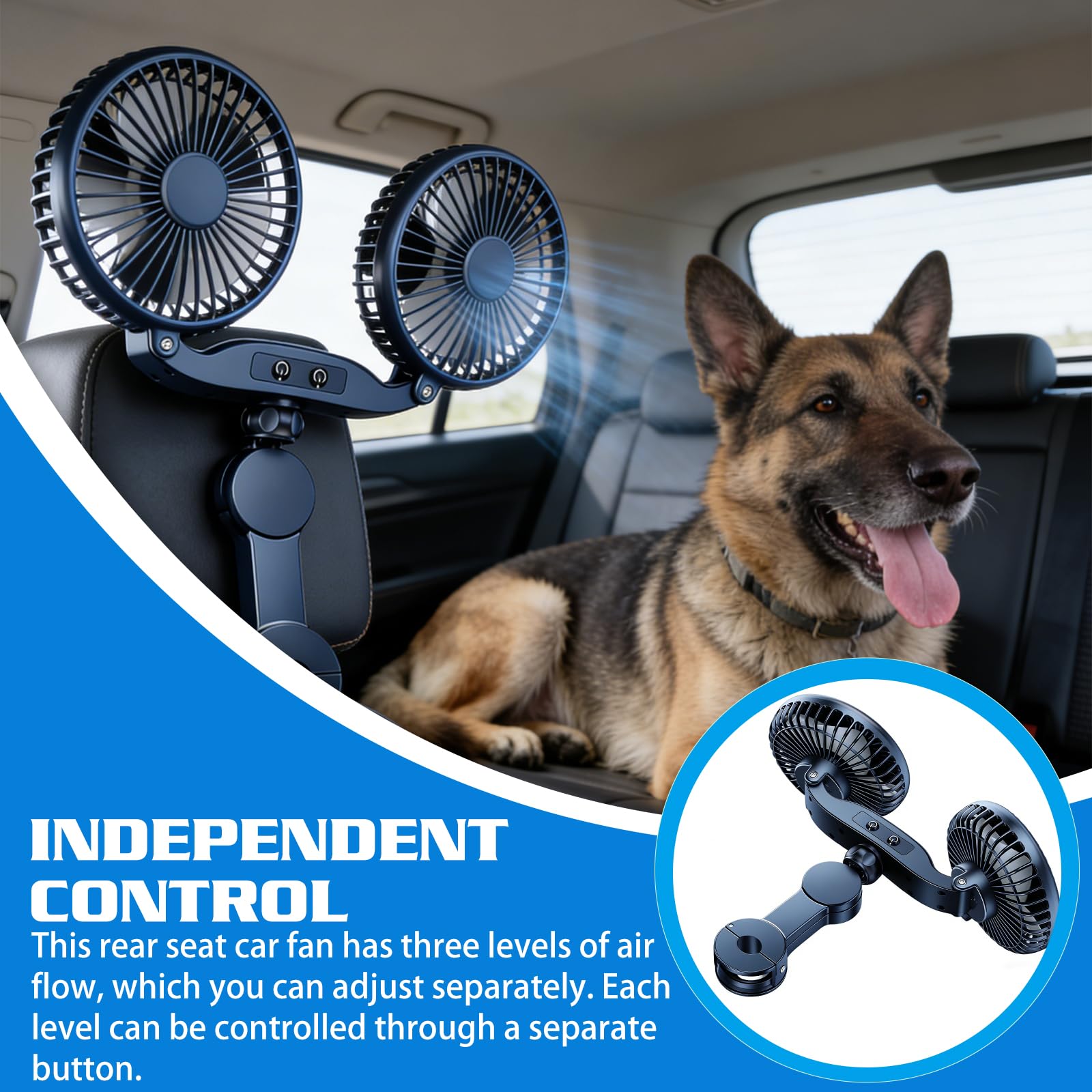 Ventilatore per auto per sedile posteriore, ventilatore USB per auto da 12V con caricabatterie per auto e cavo, ventilatore per auto a raffreddamento ad aria girevole a 360° a 3 velocità, ventilatore