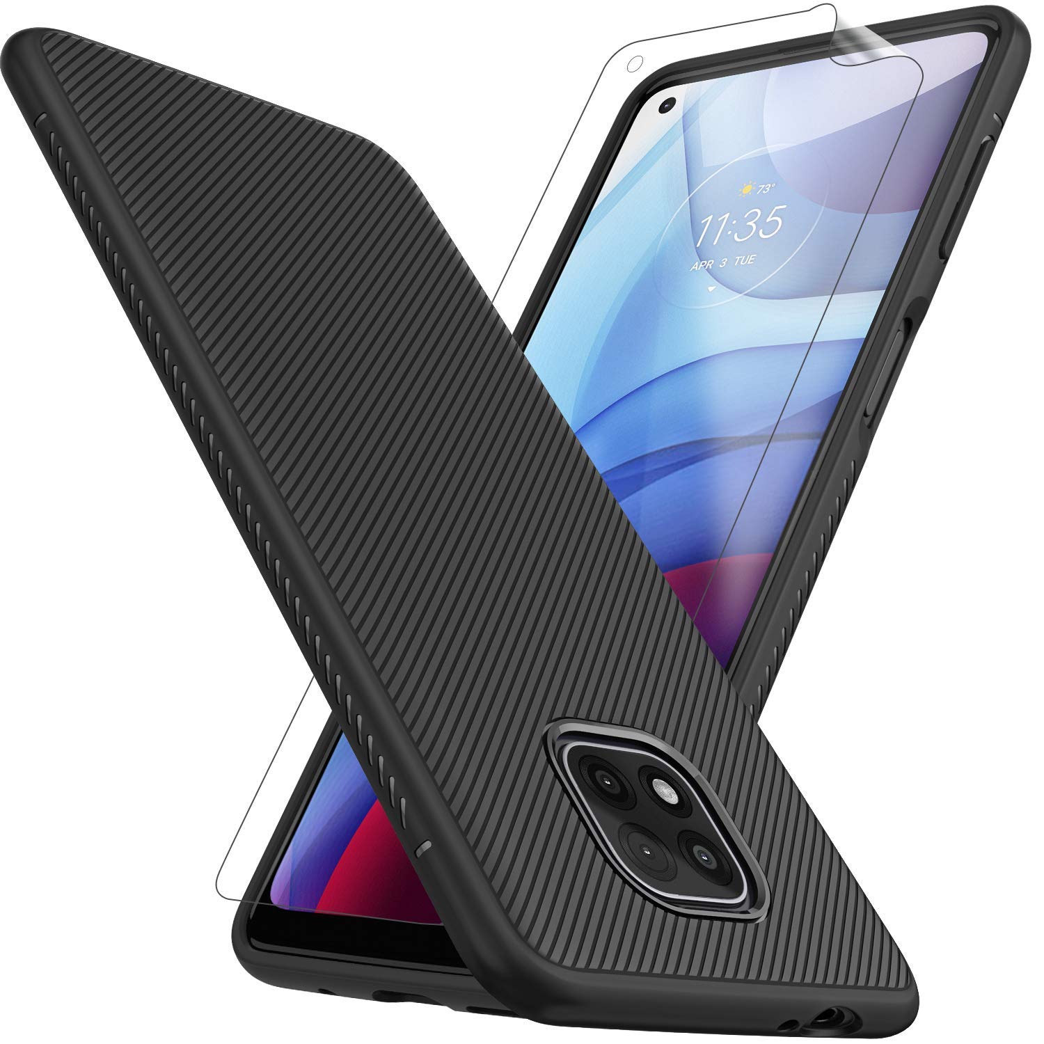 Moto G Power 2021 Case with HD Screen Protector Anti Slip Soft TPU [Not Fit Moto G Power 2020](Dark-Black)