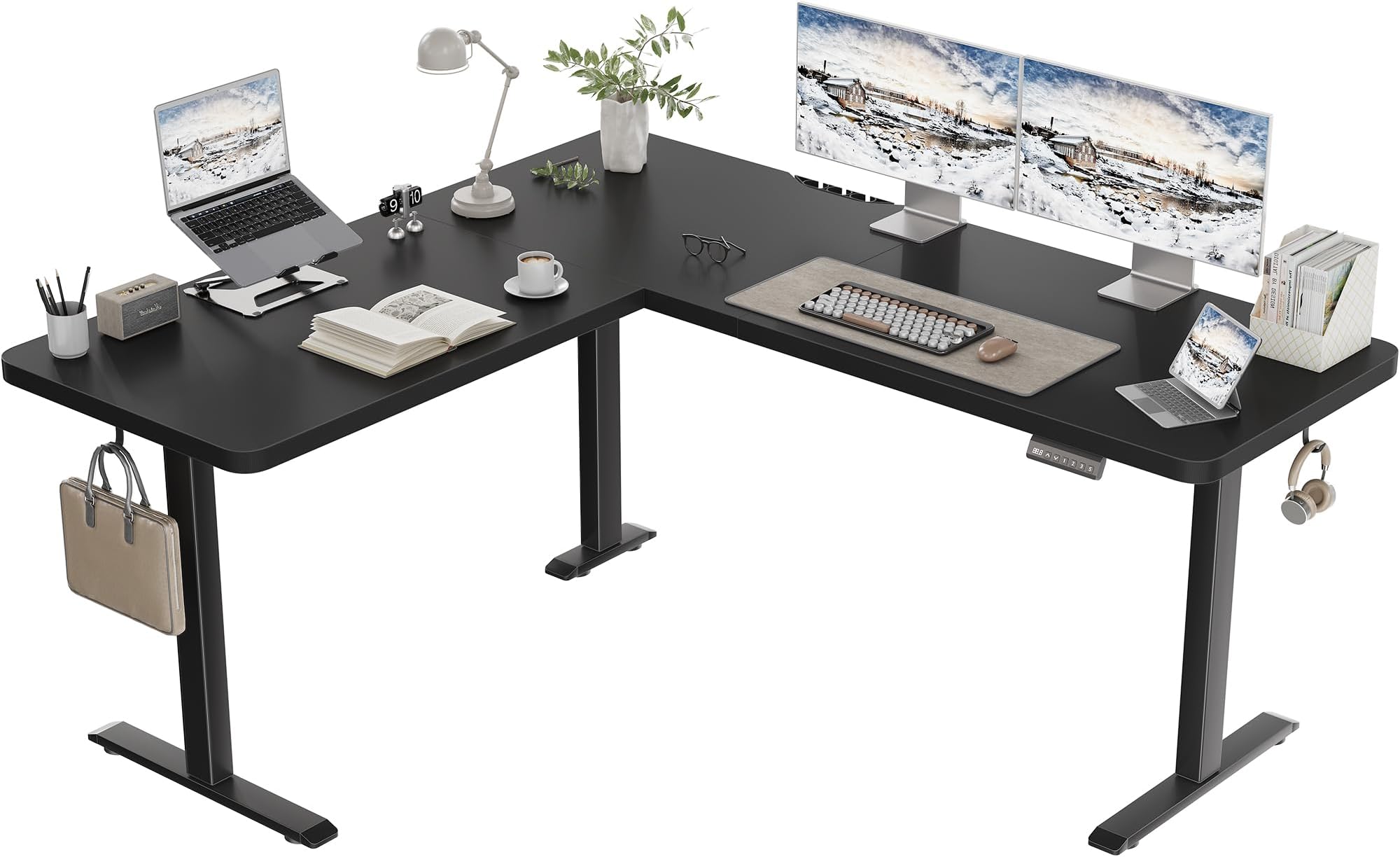 TRIUMPHKEY L Shaped Interchangable Standing Desk 160 x 140cm Height Adjustable Desk Large Corner Standing Desk Cable Management USB Port Computer Workstation Electric Sit Stand up Desk 3 Legs Black