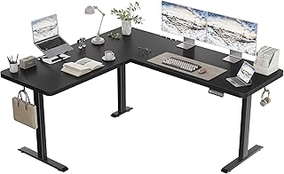 L-förmig Höhenverstellbarer Schreibtisch Elektrisch mit 3 Memory-Steuerung, 160 x 140cm Eckschreibtisch mit Kabelmanagement und Haken, Ergonomischer Computertisch Schwarz