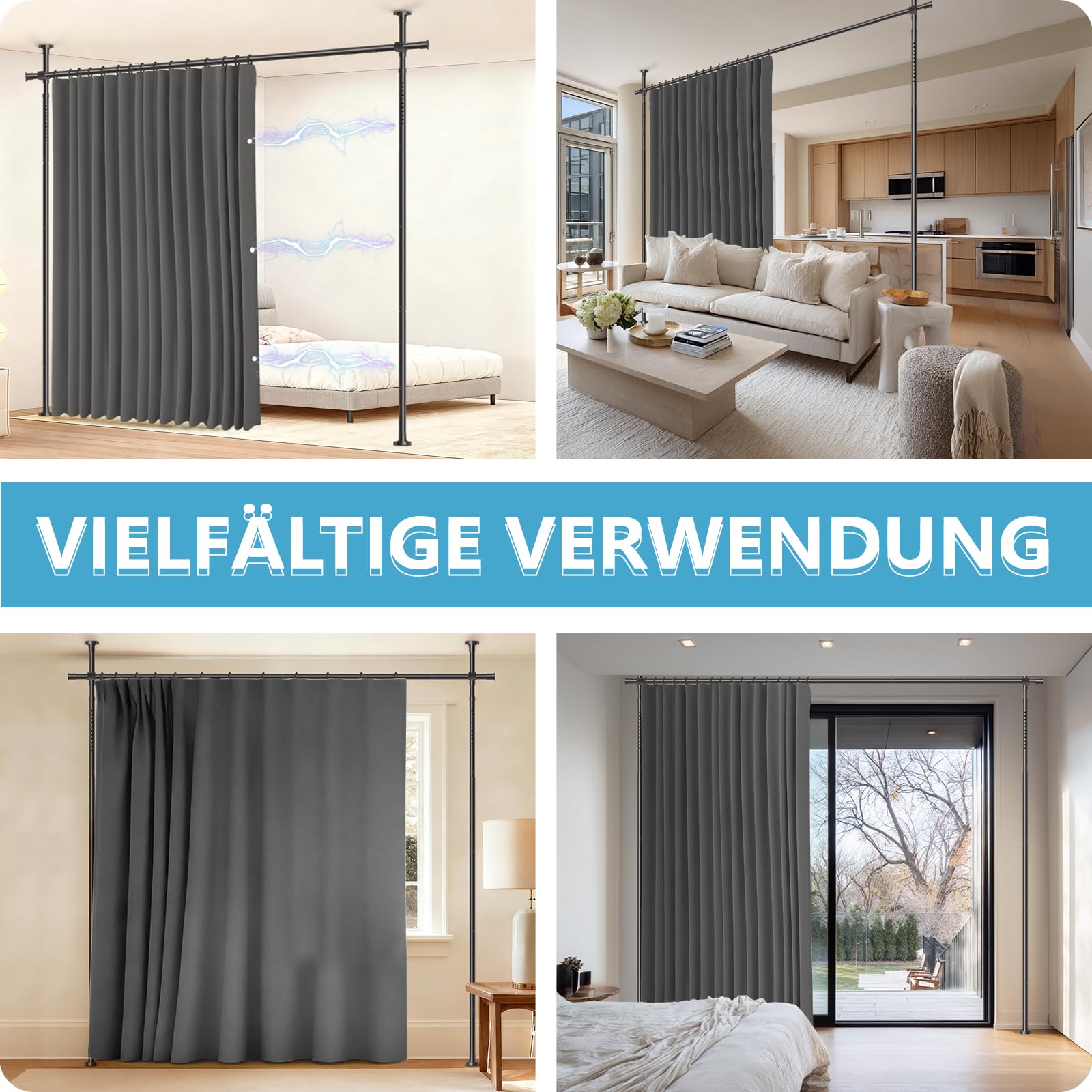 JILRON Juego de cortinas para separar ambientes, ideal para alquileres, oficinas temporales y apartamentos (1 cortina gris: H 213 x B 270 cm, Barra: H 109-305 x B 89-254 cm)