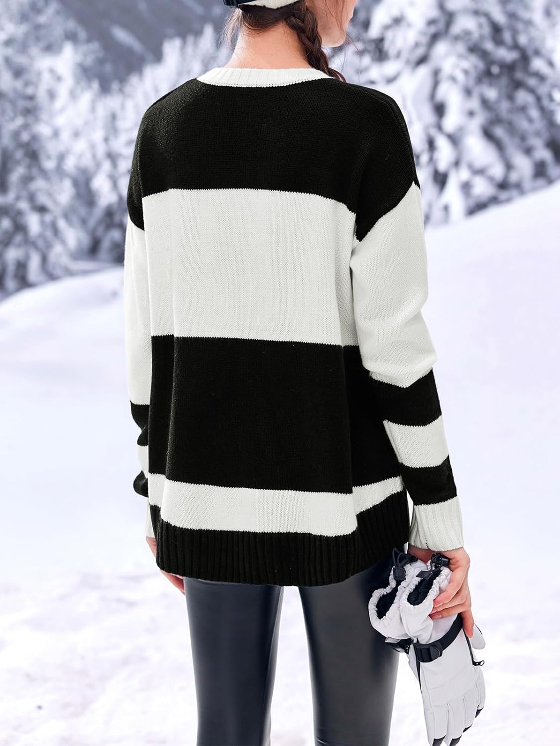 Saodimallsu Womens Color Block Oversized Sweater Ski Print Fall Trendy Crew Neck Long Sleeve Pullover Sweaters Knit Tops - Image 3