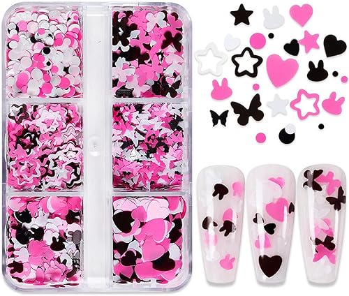Miniatura 7 de Arte de uñas para el día de San Valentín lentejuelas con purpurina 6 rejillas accesorios de arte de uñas 3D rosa negro blanco corazón conejo
