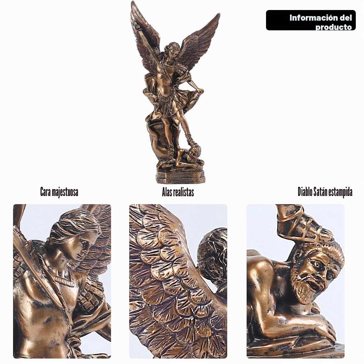 QIANLING Figura del Arcángel San Miguel de 31.5 cm - Estatua de Resina con Acabado Bronceado - San Miguel Arcángel Derrotando a Satanás - Decoración Religiosa o Coleccionismo Interior