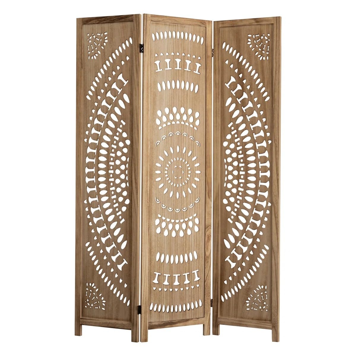 Solid Wood & MDF - Panel Folding Carved Room Divider with Floral Design - Natural & Distressed Finish for Pooja Room/Screen Divider/separators for Living Room (3P)-image-30