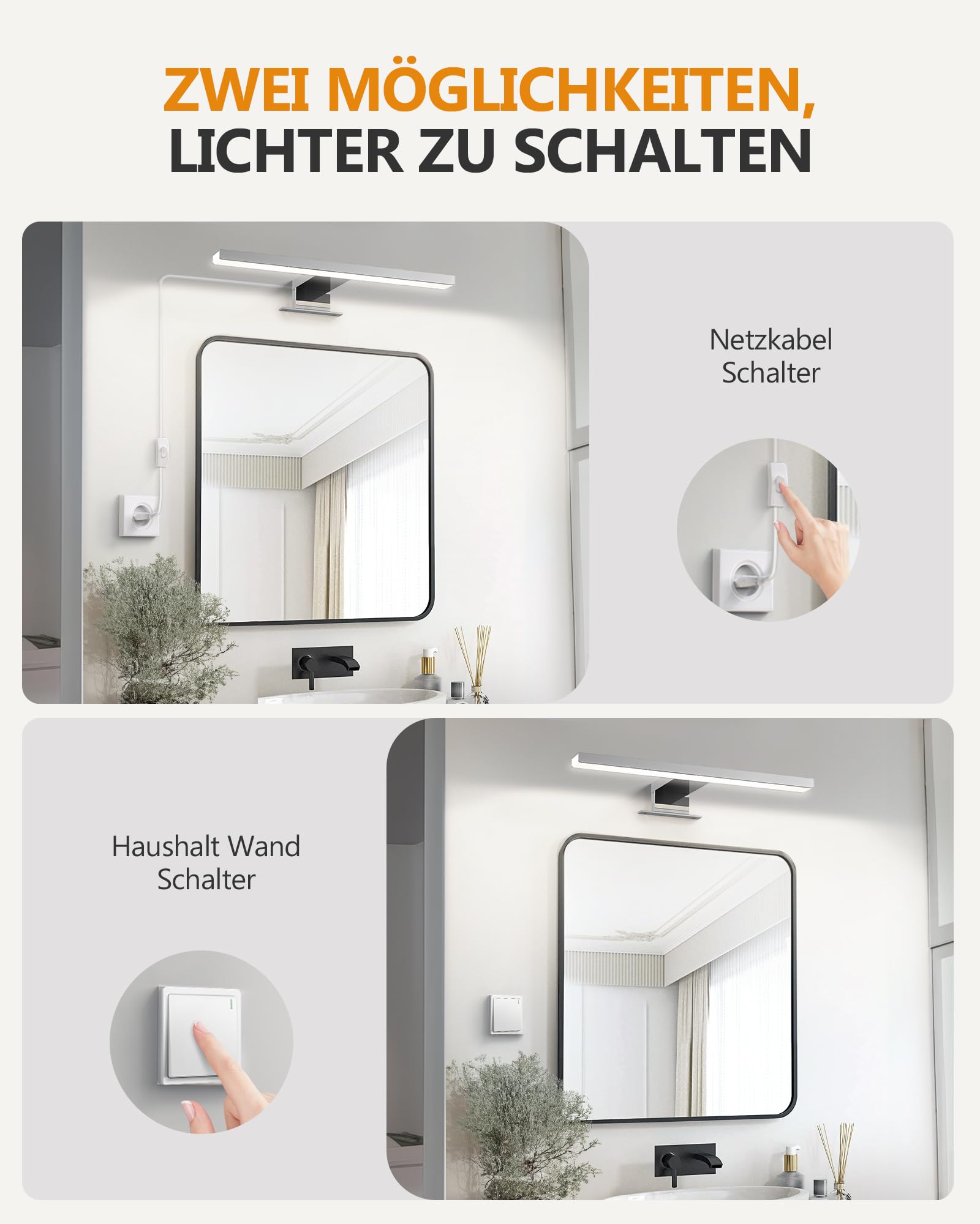 Hommie LED Spiegelleuchte Bad mit Schalter 30CM 5W 4000K Neutralweiß Aluminiumlegierung Spiegellampe Badezimmer Lampe 230V Schrankleuchte Schminklicht Spiegel Beleuchtung IP44 Wasserdicht