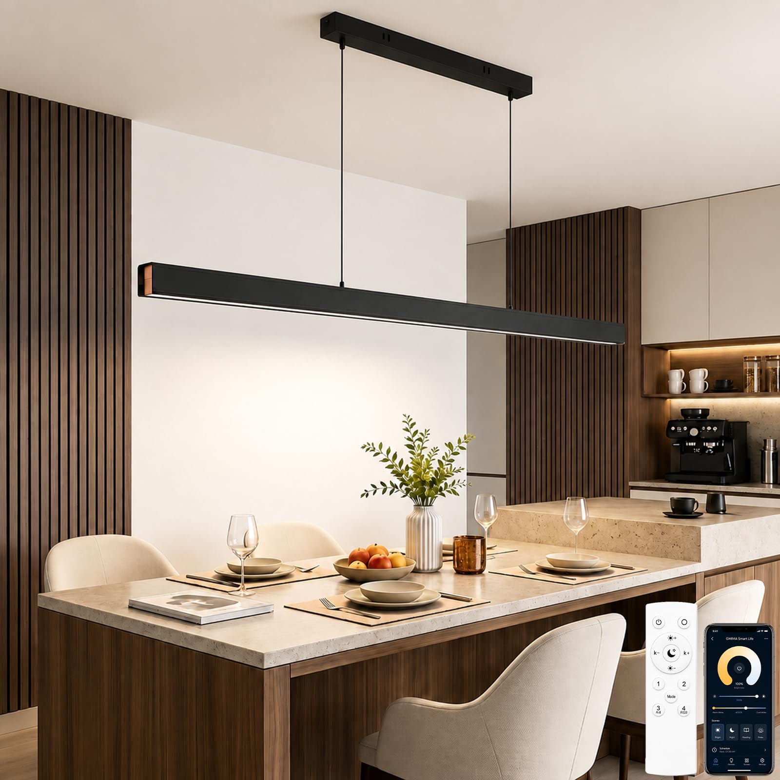 Lampadario LED Sala da Pranzo, Effetto Legno, Telecomando & App, Nero,150CM | Design Lineare, 3 Colori di Luce, Dimmerabile, Altezza Regolabile, 52W/3600lm, Sala da Pranzo, Cucina, Soggiorno, Ufficio