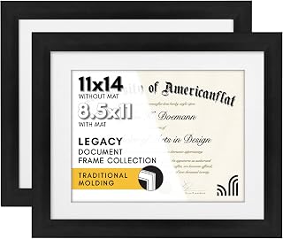 Americanflat 11x14 Black Diploma Frame - Displays 8.5x11 with Mat or 11x14 Inch Without Mat - Shatter-Resistant Glass - Hanging Hardware Included (2-Pack)