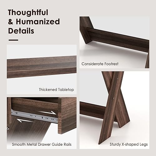 Miniatura 9 de Tangkula Escritorio para computadora de 2 niveles con cajón de almacenamiento pequeño escritorio con soporte para monitor reposapiés pensado y patas