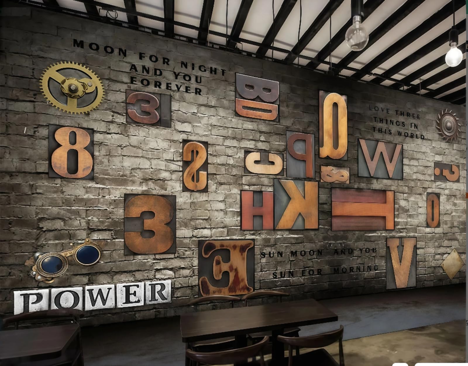 Xdoubao 3D Wallpaper Retro Nostalgic Brick Wall Loft Three-Dimensional English Letters Shopping Mall Coffee Shop Background Mural Western Restaurant Wallpaper,,150X105cm