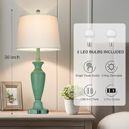 Miniatura 2 de Juego de 2 lámparas de mesa de metal de 30 pulgadas de alto, lámparas de noche con control táctil para mesita de noche de dormitorio, lámpara de