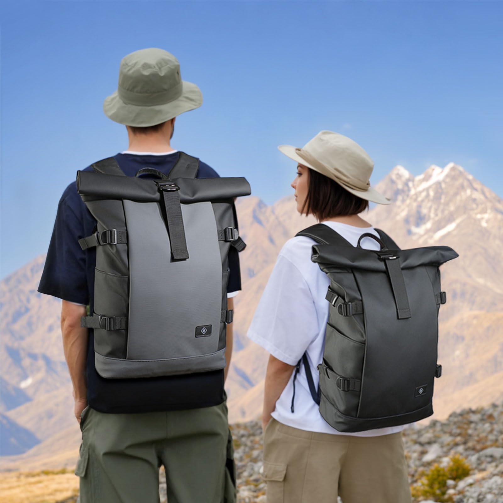 hk Sac à Dos Rolltop étanche Antivol Sac à Dos Ordinateur Portable 15.6 Pouces Grand Extensible 28l pour Hommes Femmes Travail Voyage Université