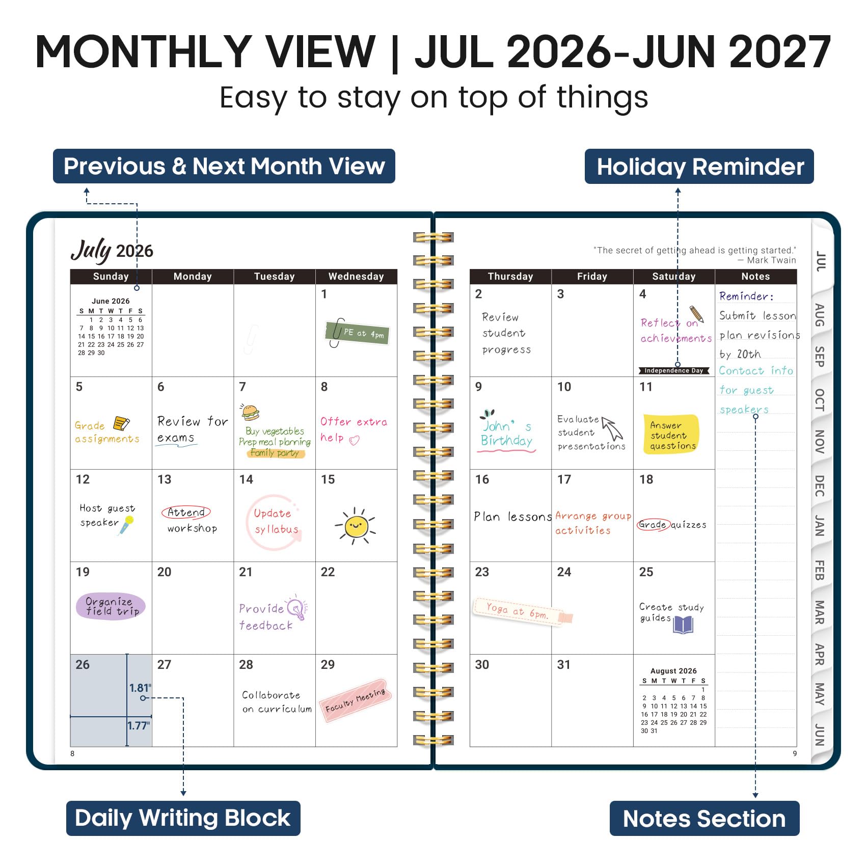 Agenda académique 2026-2027, 21,6 x 27,9 cm, calendrier hebdomadaire et mensuel, juillet 2026 à juin 2027, grand organiseur à couverture rigide avec onglets, parfait pour les enseignants, les