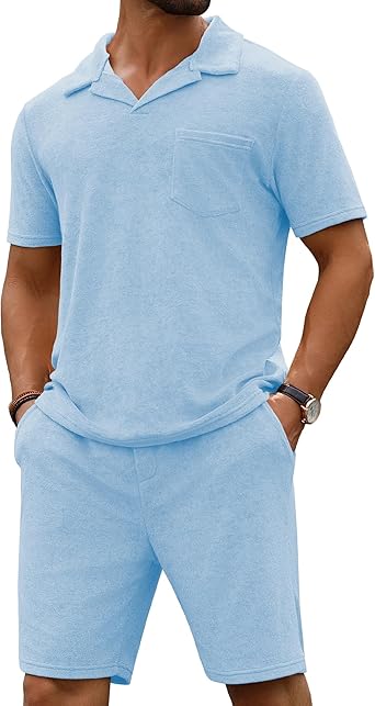 URRU Mens Polo Shirt and Shorts Set Summer Outfits Beach Terry Casual Short Sleeve 2 Piece Short Set for Men