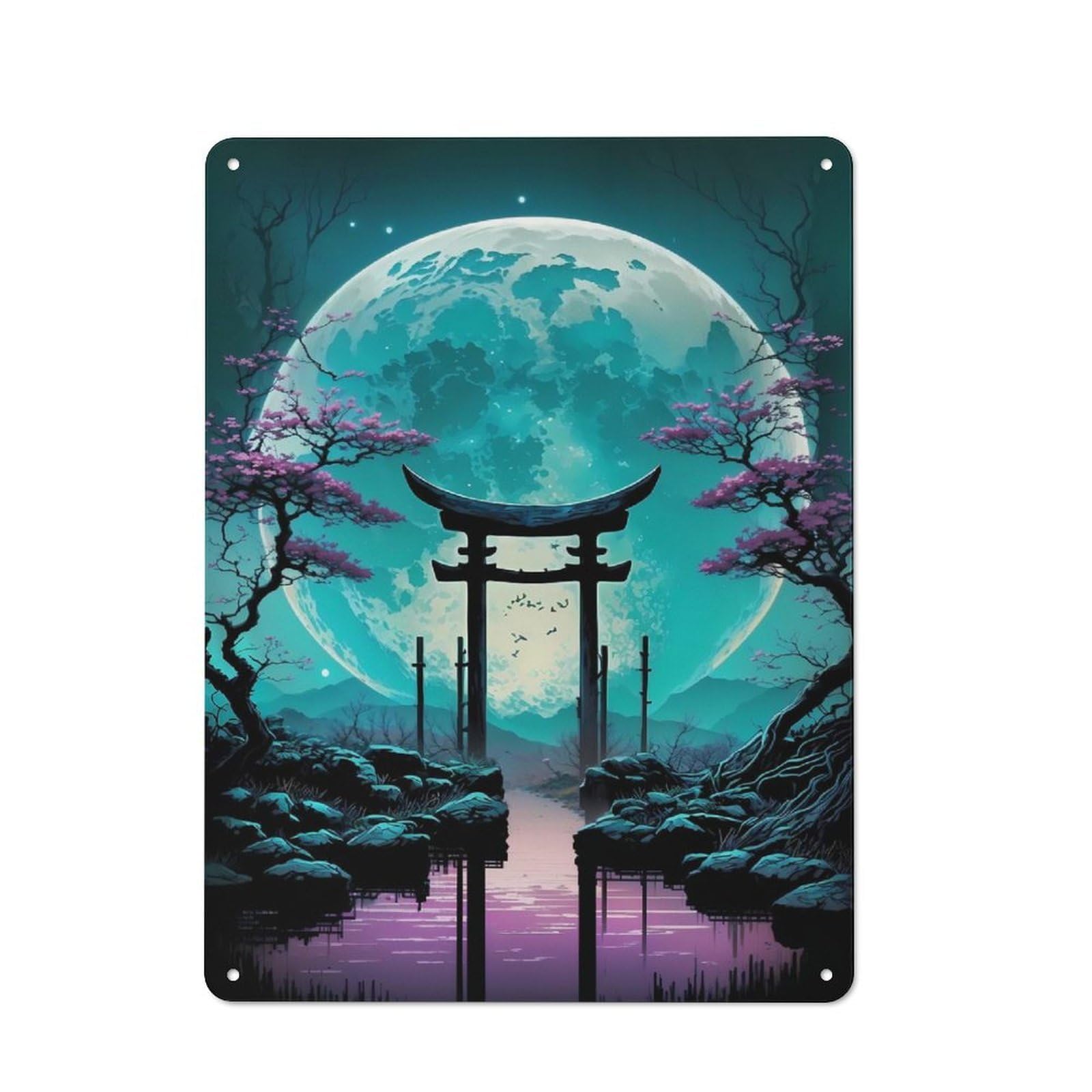 Rustic Tin Wall Sign 40x30cm Featuring Torri Gate Mystic Moonrise, Bistro Wall Plaque for Restaurant, Kitchen, Counter Or Breakfast Nook