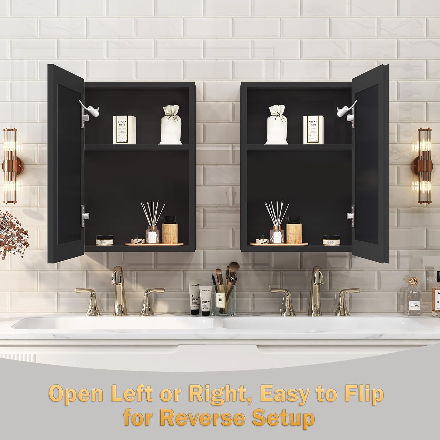 Bathroom Medicine Cabinet with Mirror and Shelves, Recessed Medicine Cabinet with Storage Function, Bathroom Vanity Mirror for Wall, Hanging Storage Cabinet, Mirrored Cabinets for Bath (Black)
