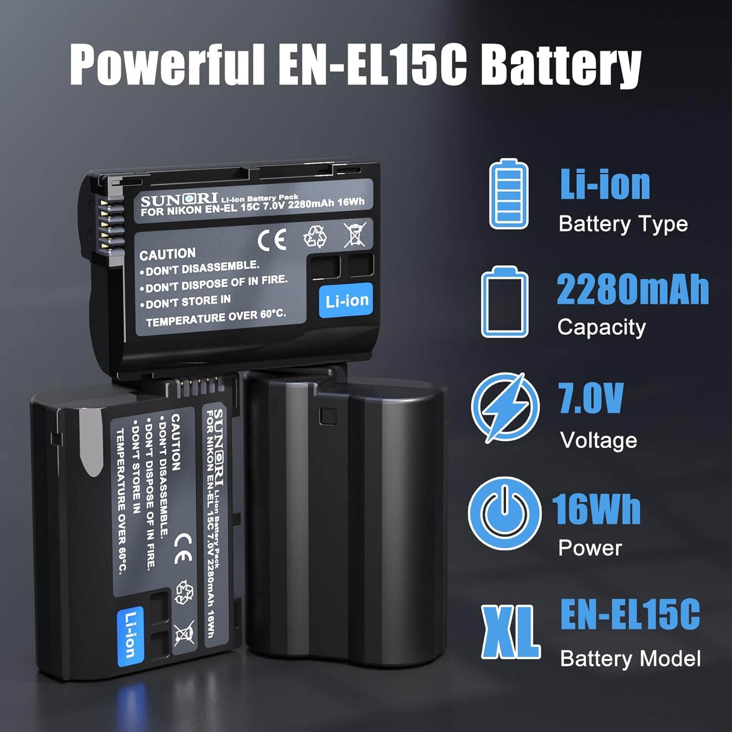 3 Pack EN-EL15C Batteries and Three-Slot Charger Set Compatible for Nikon ZF Z6 z6ii Z6III Z7 z7ii Z8 D750 D850 D7000 D7500 D7100 D7200 D500 D600 D800 D850 Camera 2280mAh EN-EL15C Battery - Image 3