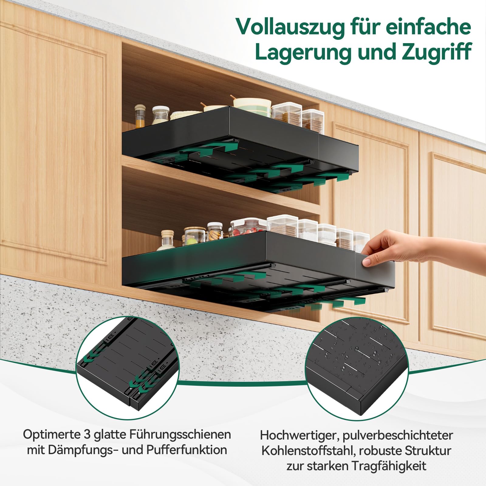 Warmiehomy Teleskopschublade 2 Stück Ausziehbarer Schrank-Organizer Erweiterbarer Stauraum in Küchen Breite 30-52 cm Erweiterbare Schiebeschublade für Küchenschränke, Kein Bohren & Nageln, Schwarz