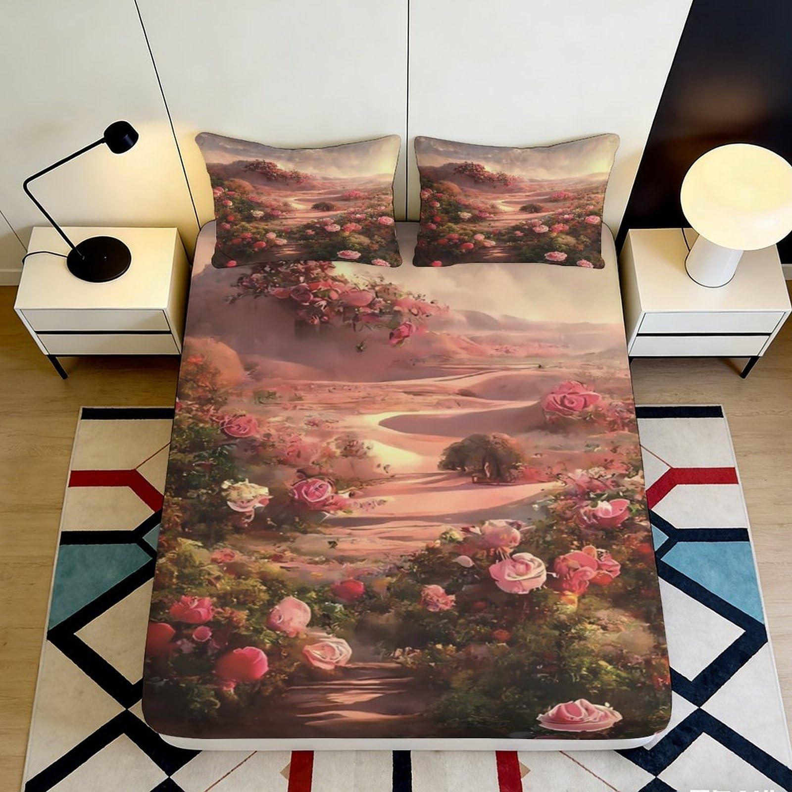 3D Printed Countryside Landscape Fitted Sheet Microfiber Bedroom Deep Pocket Non-Slip Countryside Landscape Mattress Fitted Cover for Adult Home120 200x200x25cm