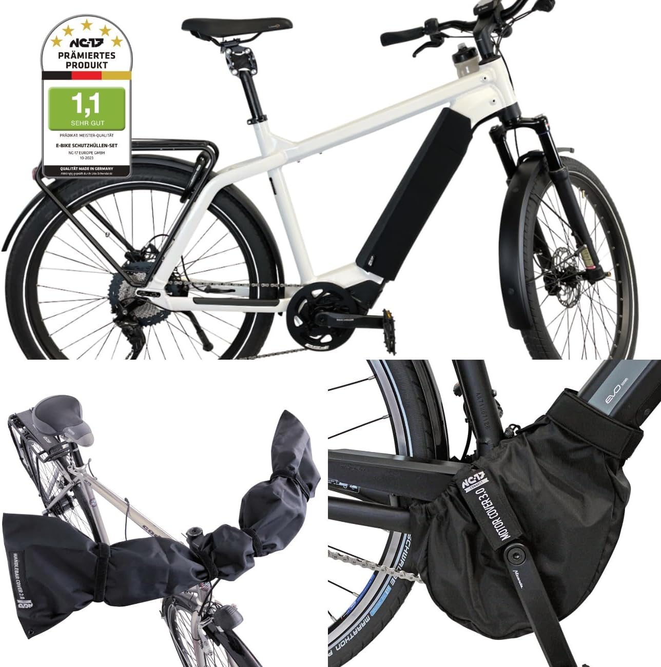 NC-17 E Bike Protective Covers Set of 3 | Ebike Battery Protection | Motor Protection for Integrated Battery in Down Tube | Handlebar Protection | Nylon and Neoprene | For All Standard E Bikes