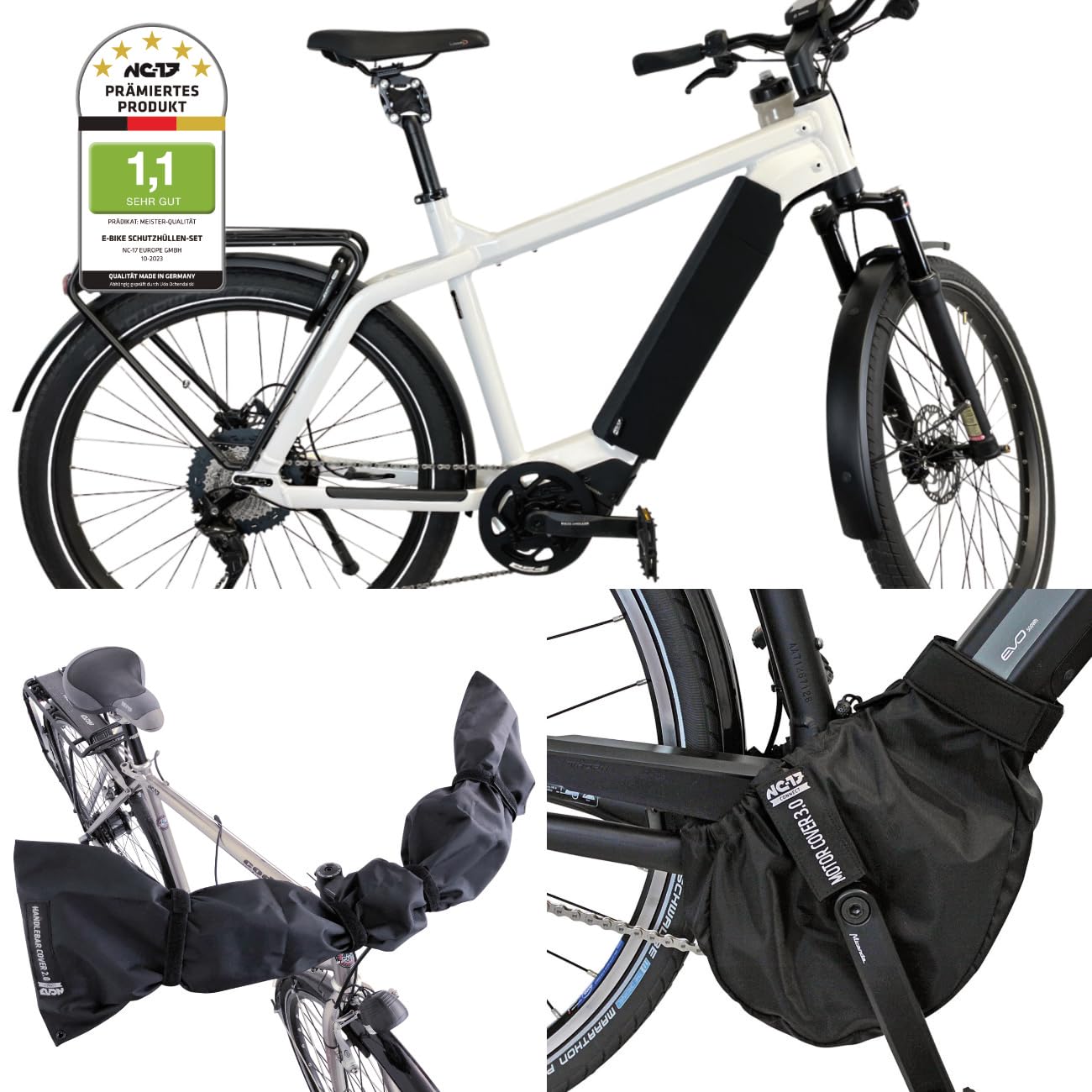 NC-17 E Bike Schutzhüllen 3er Set | Ebike Batterie Schutz | Motor Schutz für integrierten Akku im Unterrohr | Lenker Schutz | Nylon und Neopren | Für alle gängigen E Bikes