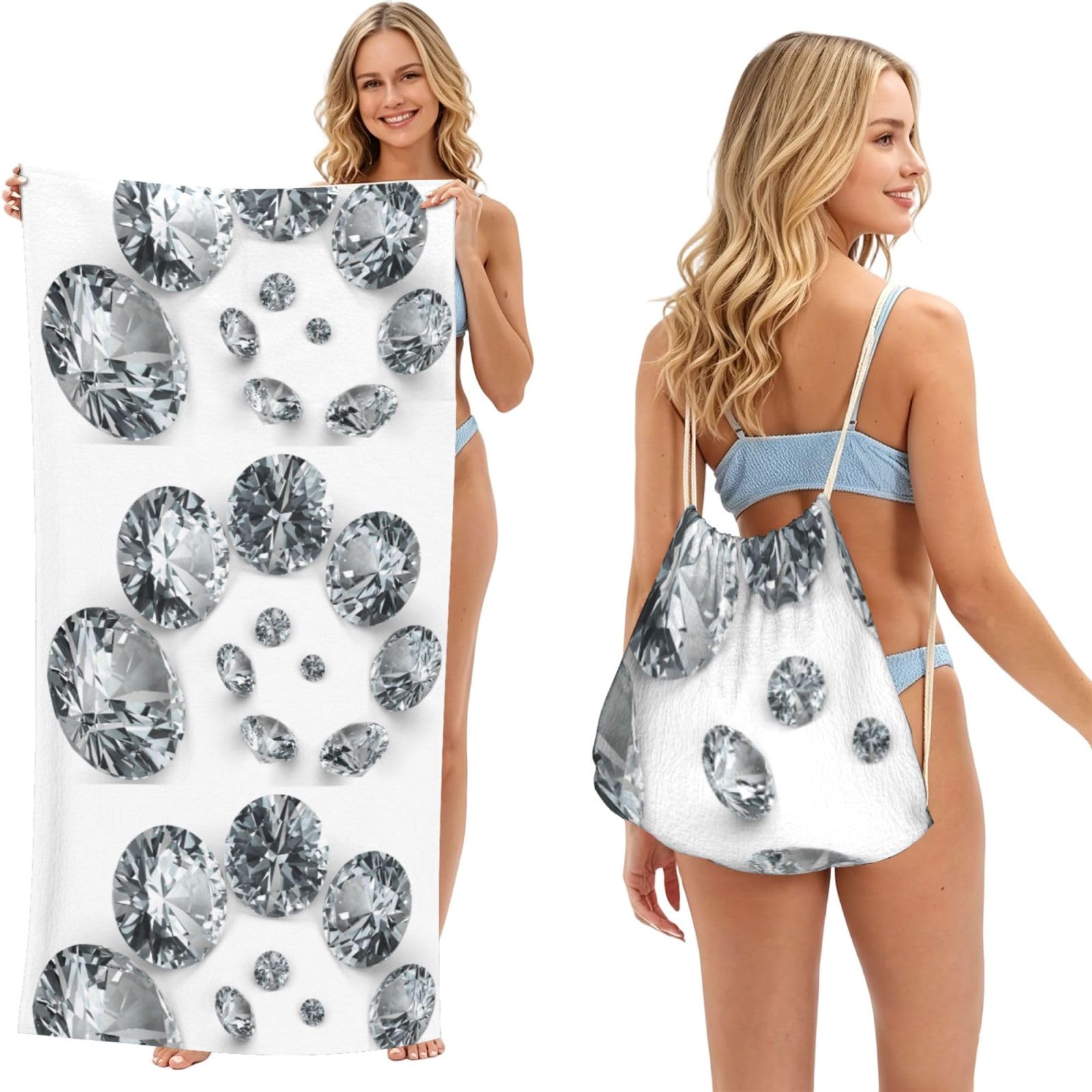 Poadnly As Picture Gems Diamond Jewelry Jewels Luxury Printed, 2 In 1 Packable Towel Bag, Beach Towels With Drawstring Backpack For Travel Holiday Camping