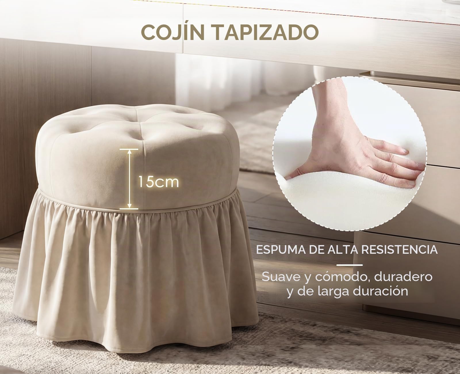 Ya-Home Taburete Tocador Otomano Terciopelo con Ruedas, Beige