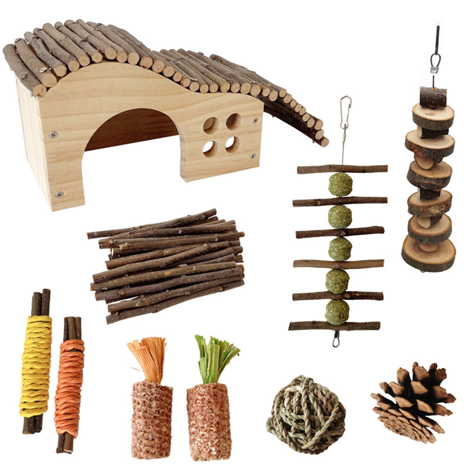 10-teiliges Habitat Set für Hamster, Kauspielzeug, Käfighaus, Spielzeug, Rattanball, bissfest, Kaninchen für Kleintiere, Meerschweinchen, Langeweile