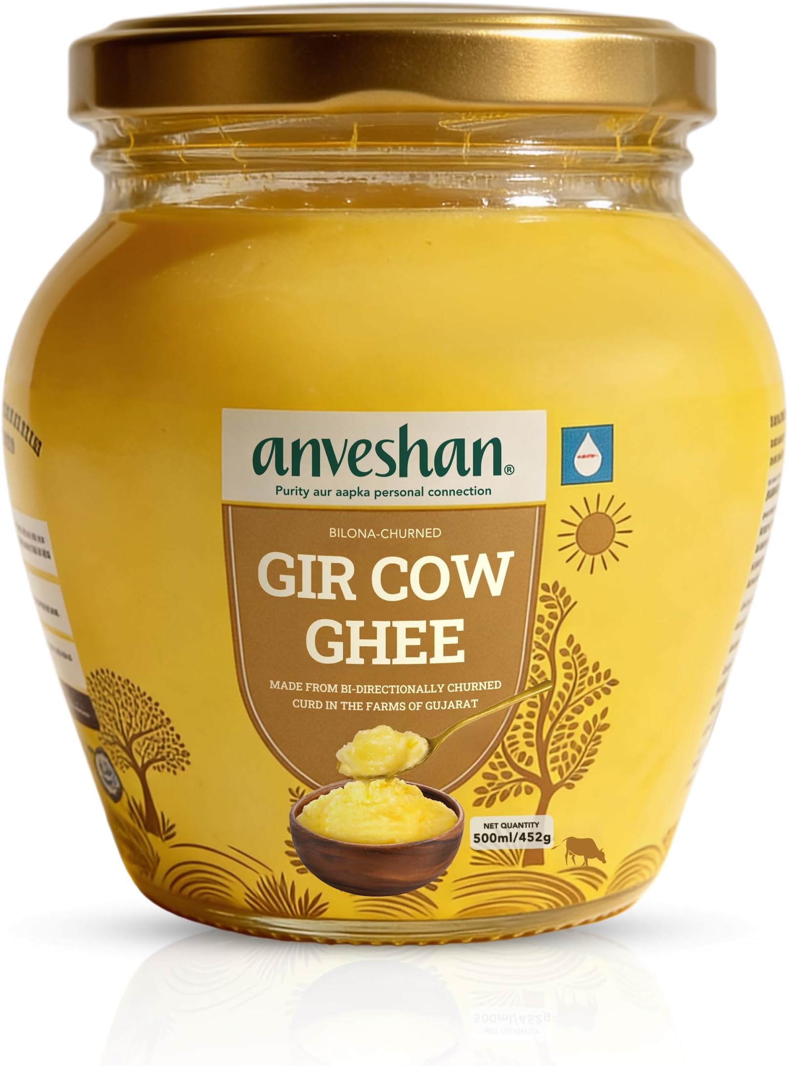 Anveshan A2 Gir Cow Desi Ghee 500ML | Bilona Method | Curd-Churned & Cultured | Pure, Natural & Danedar | Lactose-Free, Gluten-Free | Grass-Fed | Lab Tested | Traditional Desi Ghee
