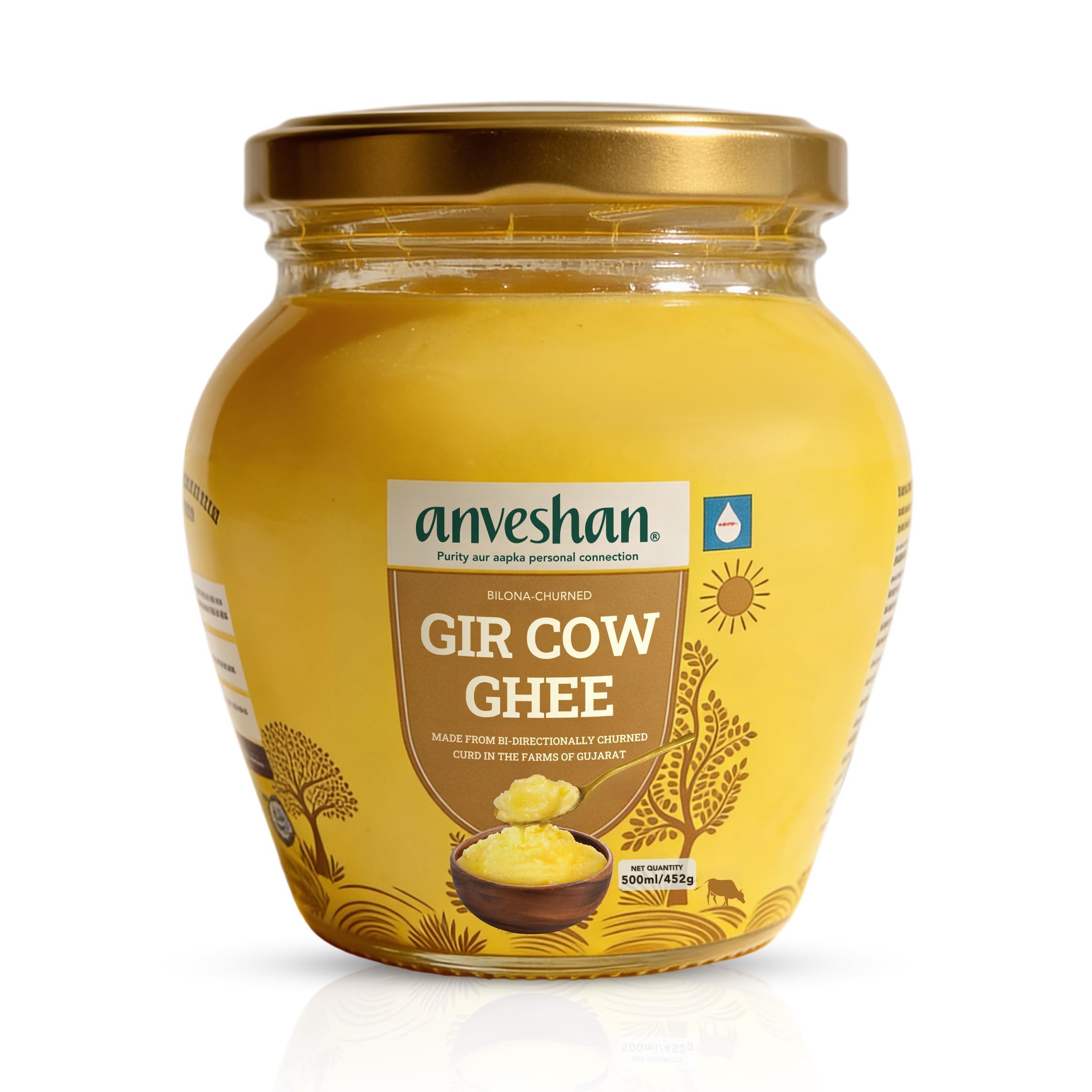 Anveshan A2 Gir Cow Desi Ghee 500ML | Bilona Method | Curd-Churned & Cultured | Pure, Natural & Danedar | Lactose-Free, Gluten-Free | Grass-Fed | Lab Tested | Traditional Desi Ghee
