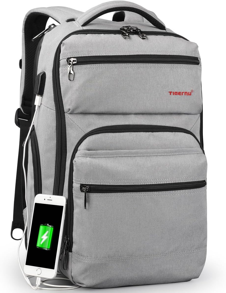 TIGERNU Business Computer Backpack fits 15.6 Inch laptop/notebook Travel Bag with USB Charging Port/Water Resistant/Tear Resisting/Lightweight (Light Gray)