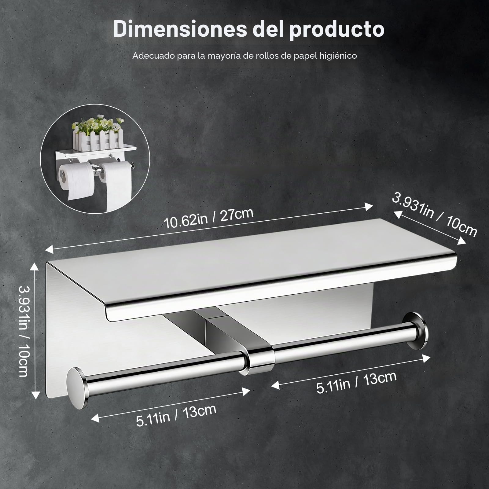 Portarrollos de Papel higiénico Doble con repisa para teléfono, dispensador de Rollo de Papel Doble con repisa, Cromo Pulido, portarrollos de Papel higiénico con repisa, Montaje en Pared Adhesivo con