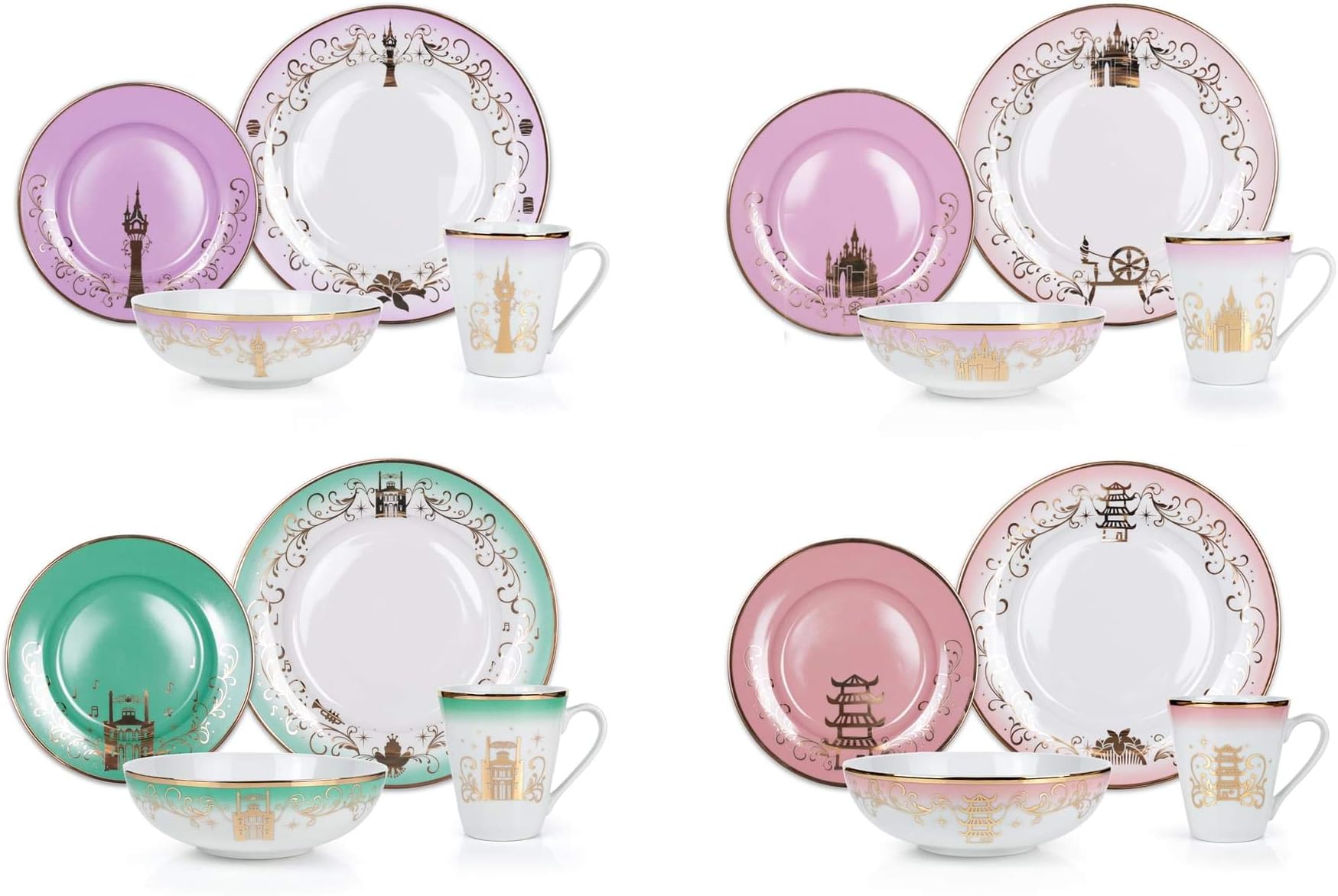 Themed Dinnerware Set - 16 Ceramic Dishes, 4 Place Settings | Collection 2 | Featuring Princesses Tiana, Rapunzel, Aurora, and Mulan | Colorful Dinner & Dessert Plates, Bowl & Mug