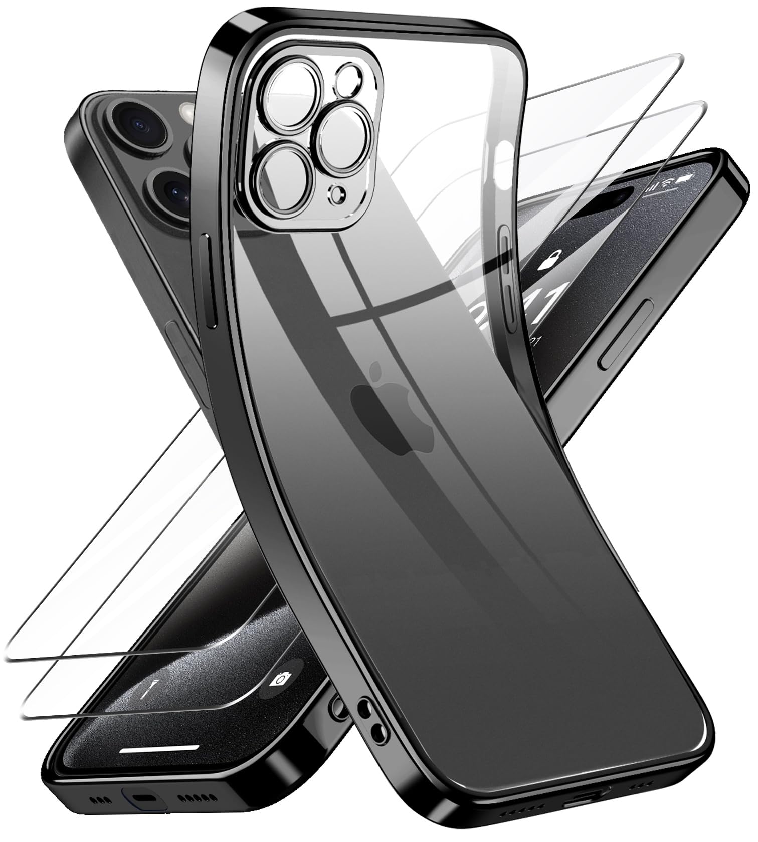 Qasyfanc Cover Protezione Fotocamera Compatibile con iPhone 15 Pro Cover per Ragazze, Custodia iPhone 15 Pro Silicone Sottile [Nessun Ingiallimento] e 2 Pezzi Vetro Temperato Pellicola, Nero